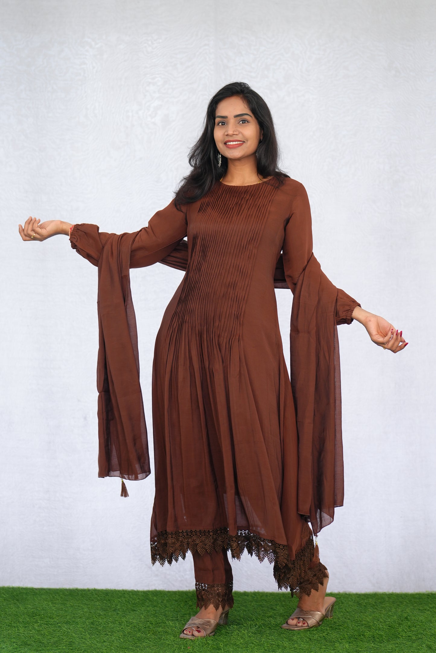 Brown Color Mul Chanderi Stylish 3 Piece Set with Lining