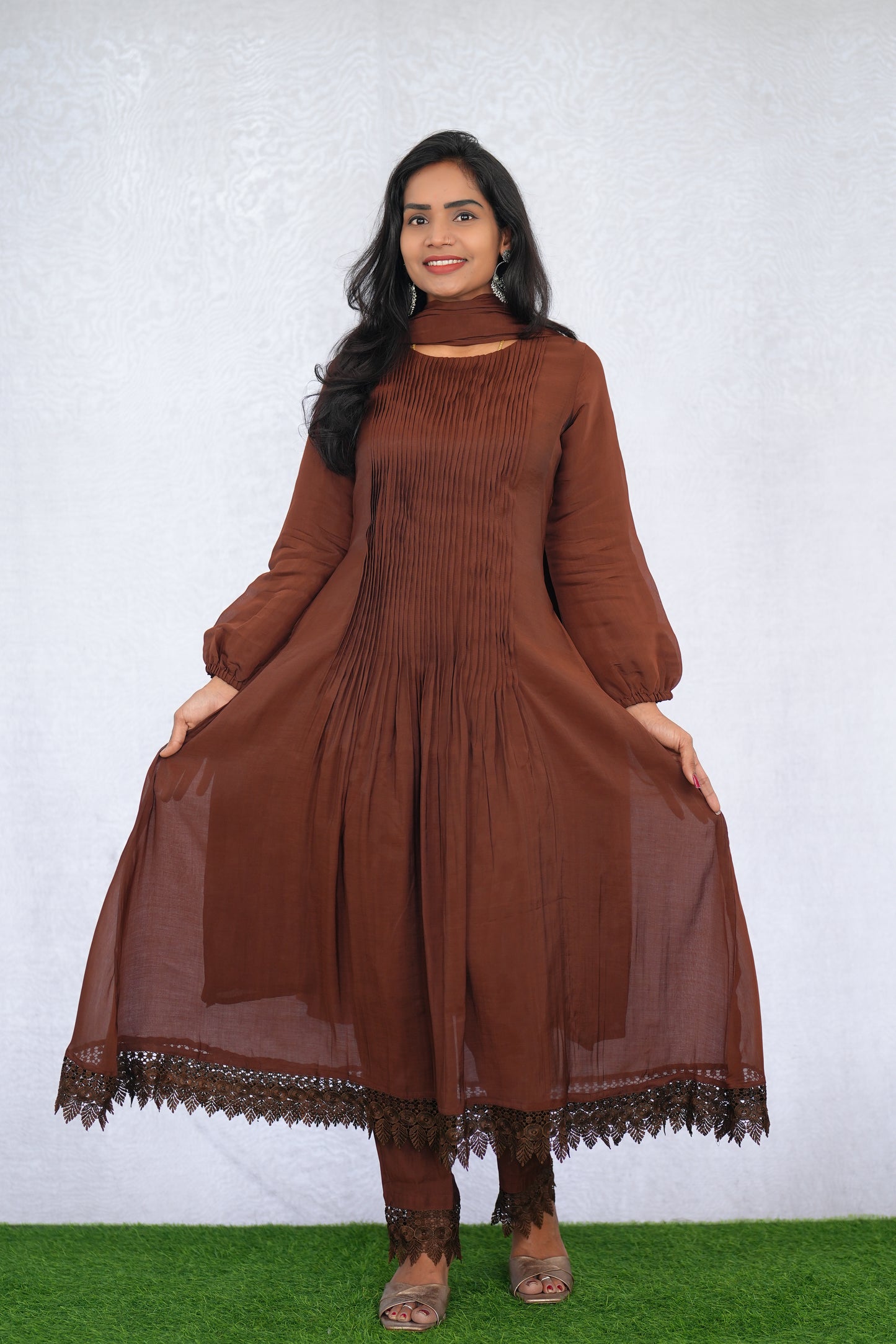 Brown Color Mul Chanderi Stylish 3 Piece Set with Lining