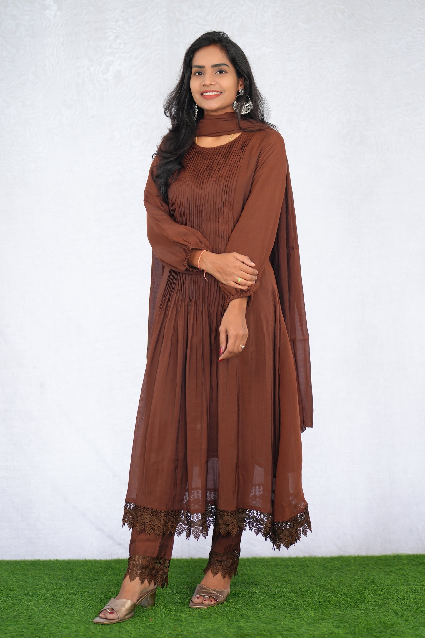 Brown Color Mul Chanderi Stylish 3 Piece Set with Lining
