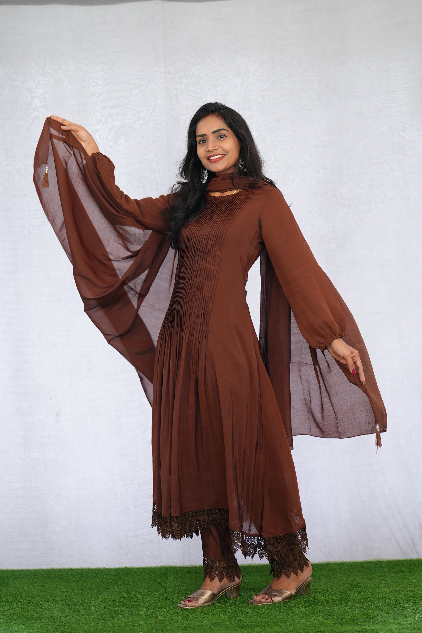 Brown Color Mul Chanderi Stylish 3 Piece Set with Lining