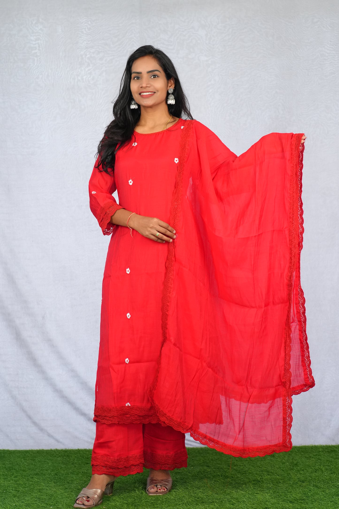 Red Color Mul chanderi Festive Wear 3 Piece Set With Lining
