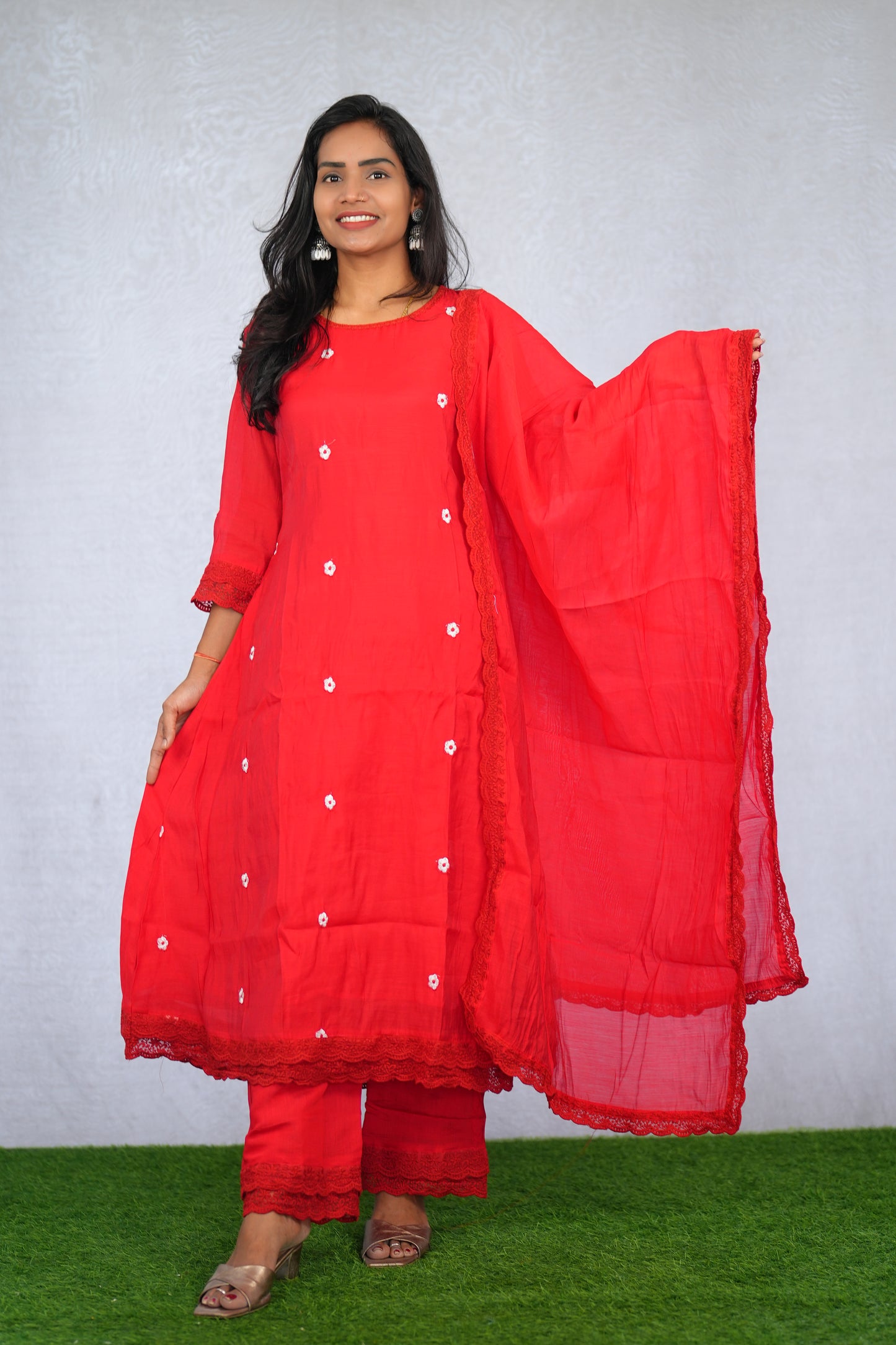Red Color Mul chanderi Festive Wear 3 Piece Set With Lining