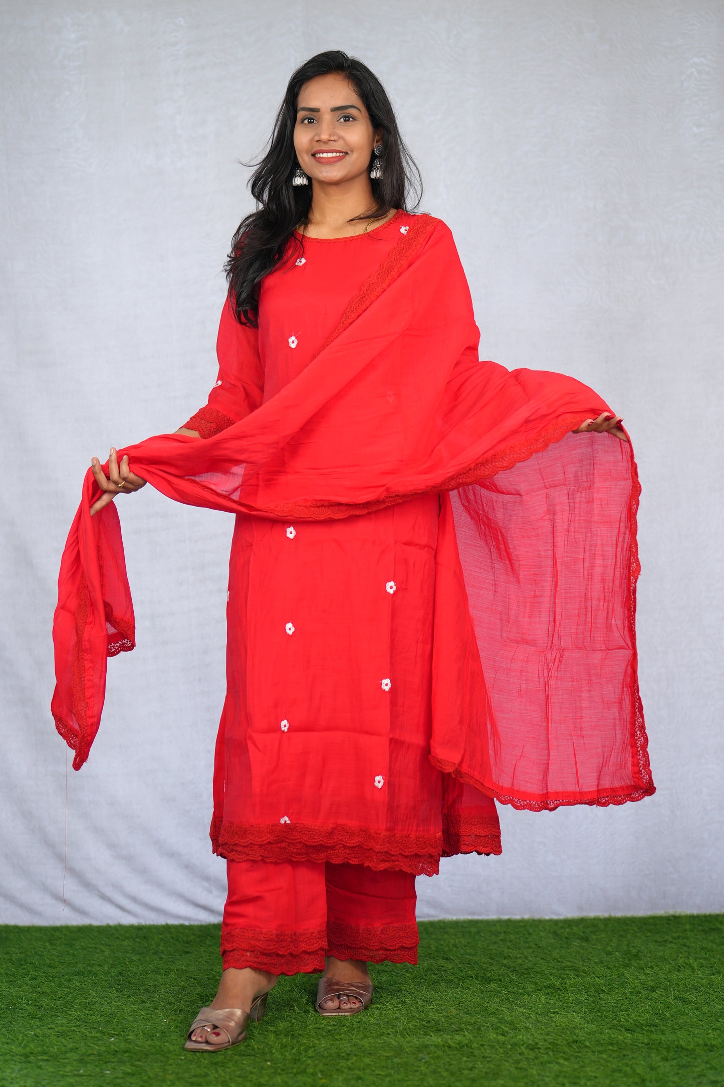 Red Color Mul chanderi Festive Wear 3 Piece Set With Lining