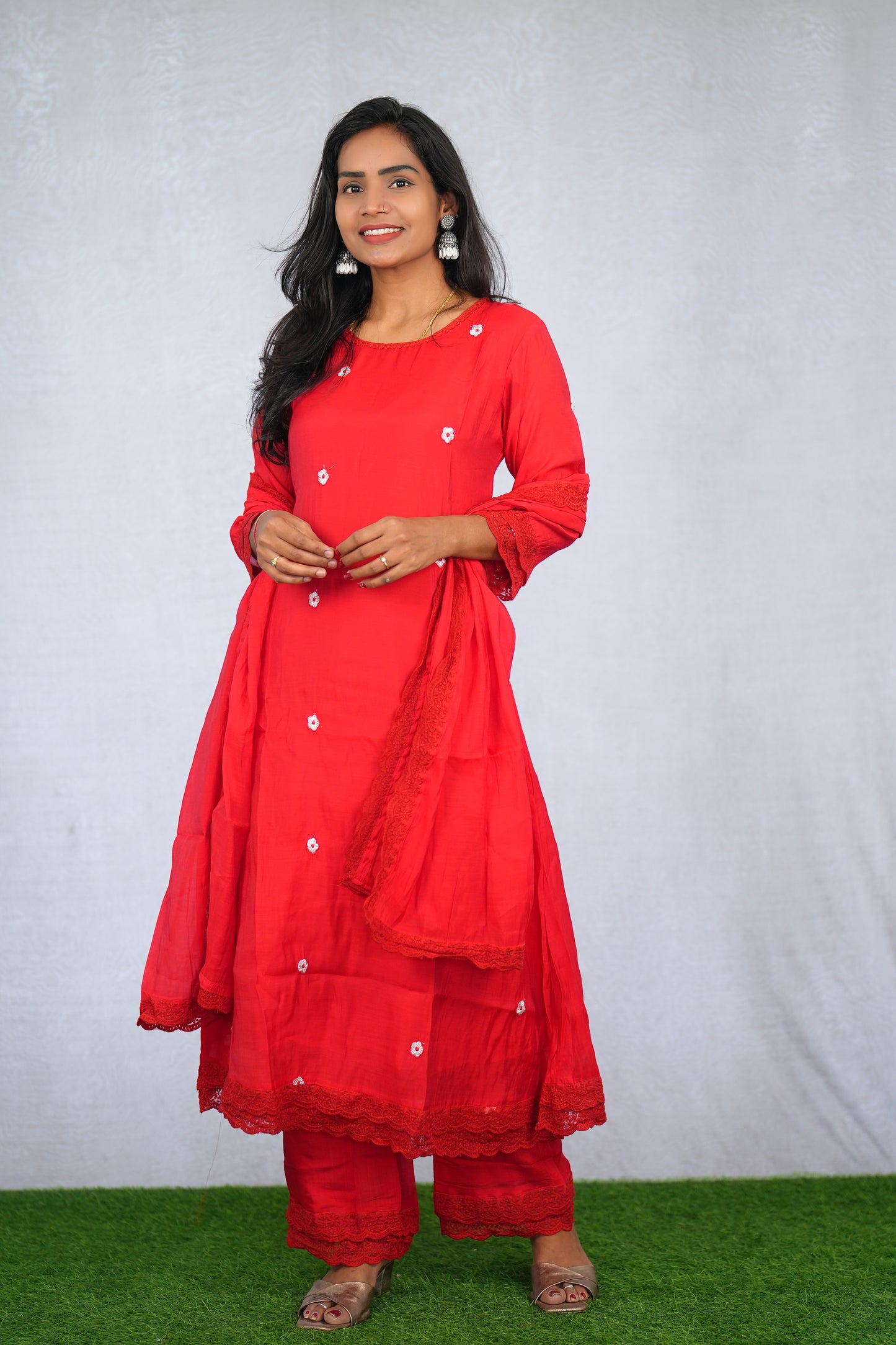 Red Color Mul chanderi Festive Wear 3 Piece Set With Lining