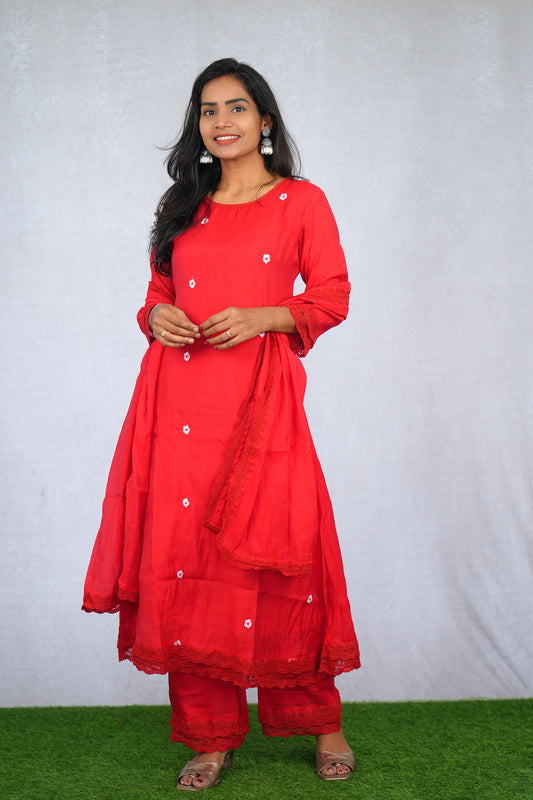 Red Color Mul chanderi Festive Wear 3 Piece Set With Lining