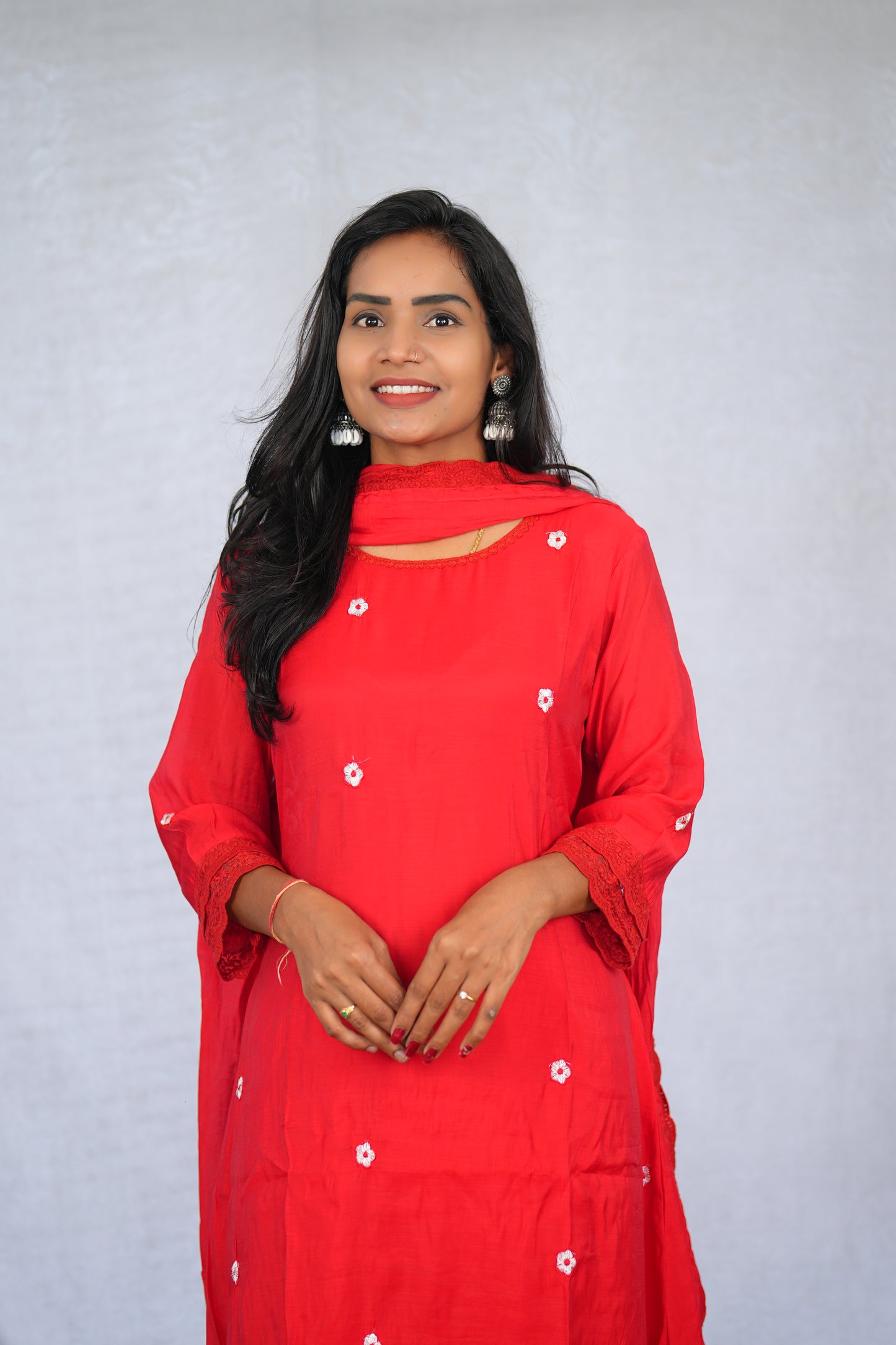 Red Color Mul chanderi Festive Wear 3 Piece Set With Lining