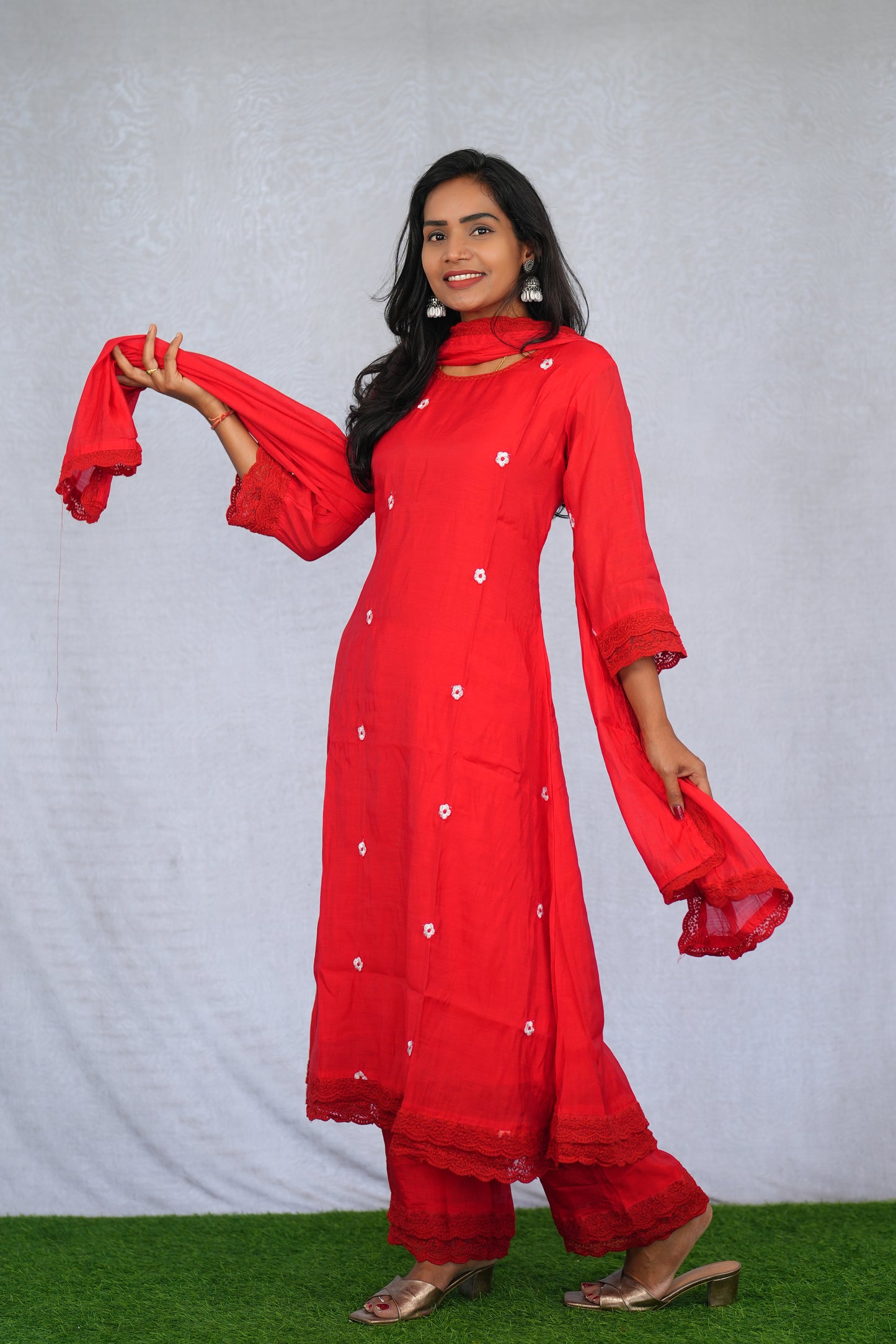 Red Color Mul chanderi Festive Wear 3 Piece Set With Lining