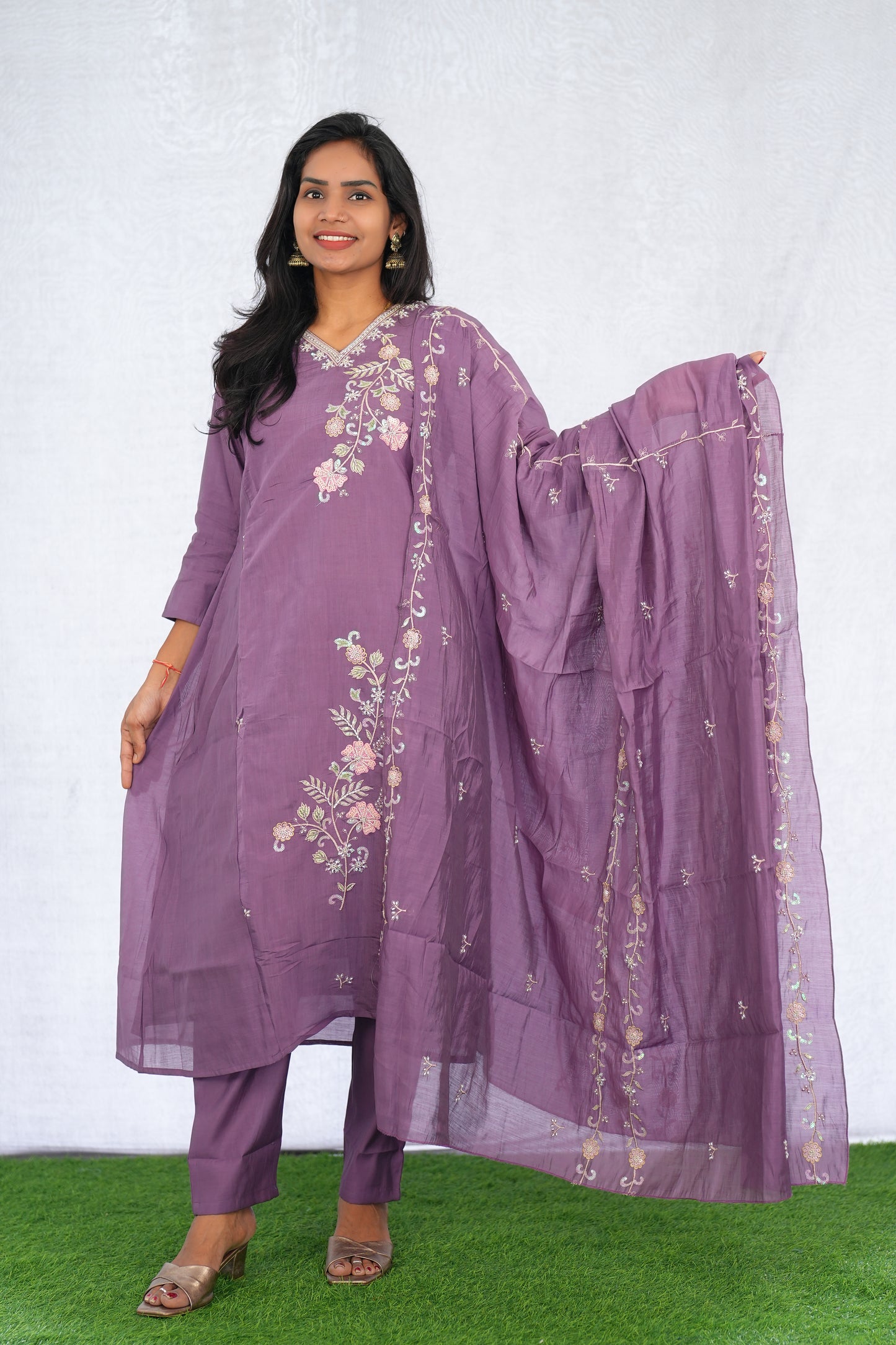 Purple Color Mul chanderi Party Wear 3 Piece set With Complete Lining