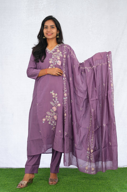 Purple Color Mul chanderi Party Wear 3 Piece set With Complete Lining