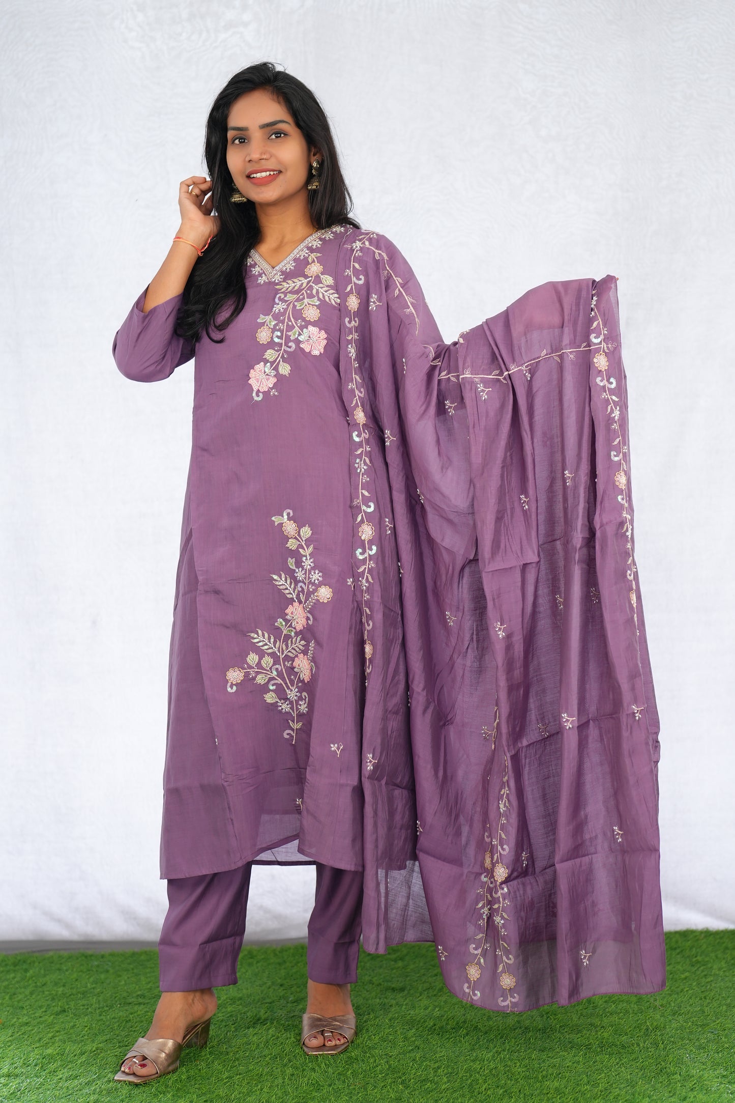 Purple Color Mul chanderi Party Wear 3 Piece set With Complete Lining