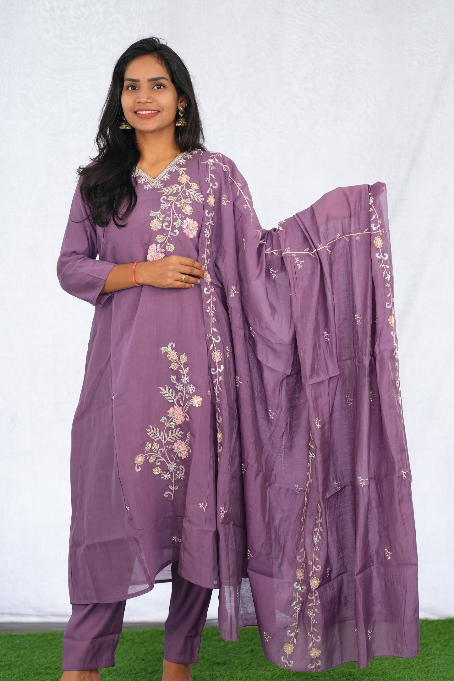 Purple Color Mul chanderi Party Wear 3 Piece set With Complete Lining