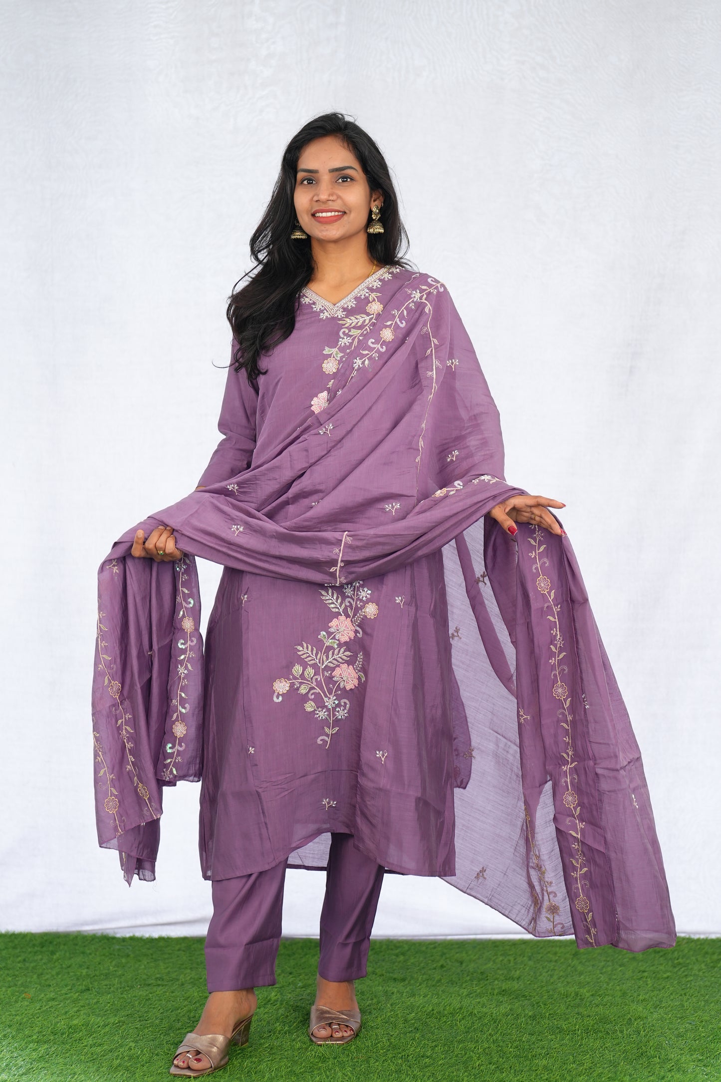 Purple Color Mul chanderi Party Wear 3 Piece set With Complete Lining