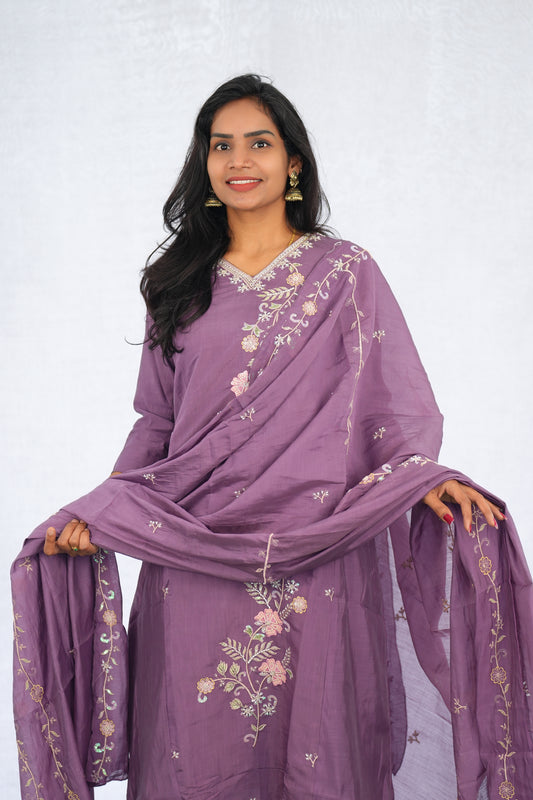 Purple Color Mul chanderi Party Wear 3 Piece set With Complete Lining