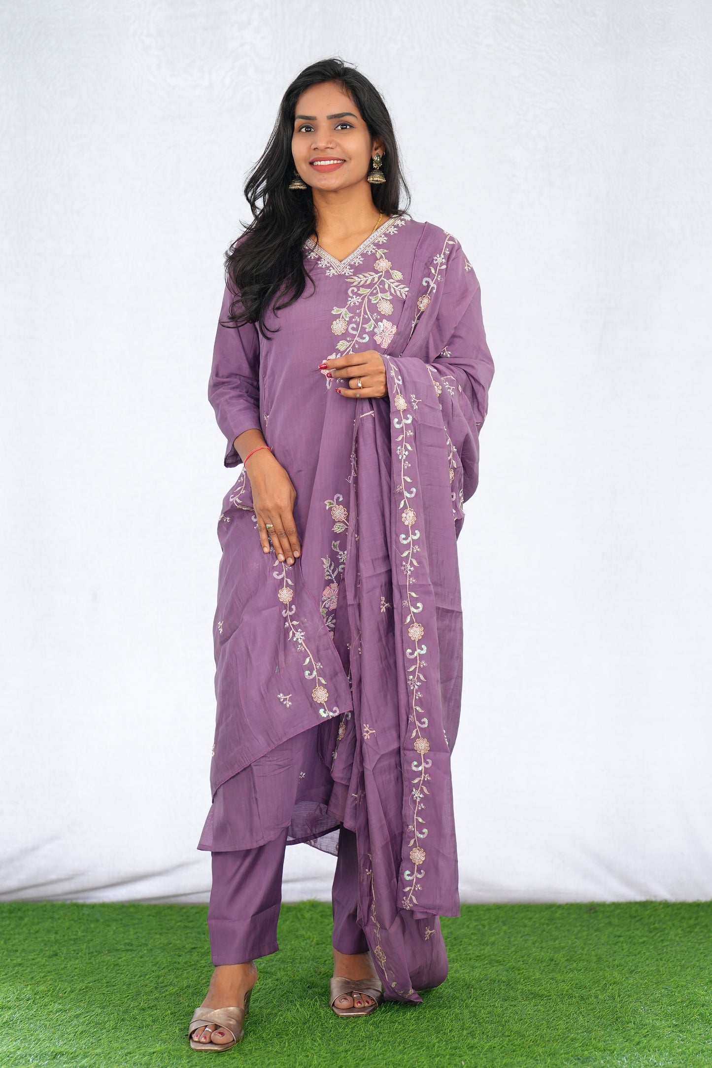 Purple Color Mul chanderi Party Wear 3 Piece set With Complete Lining