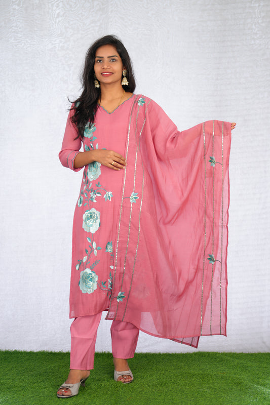 Pink Color Coral Silk 3 Piece Set With Embroidery Work