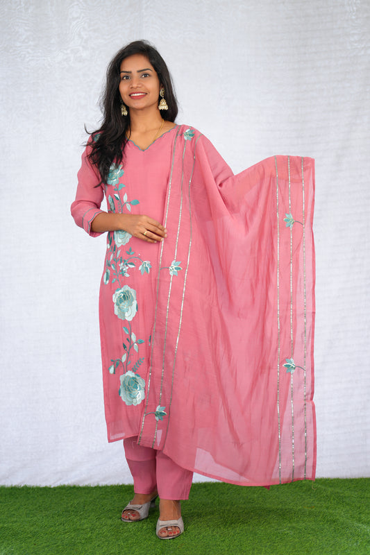 Pink Color Coral Silk 3 Piece Set With Embroidery Work