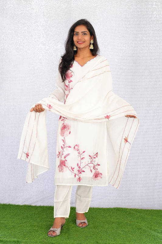 White Color Coral Silk 3 Piece Set With Embroidery Work