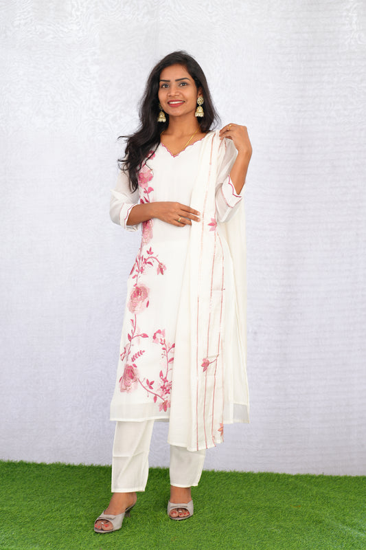 White Color Coral Silk 3 Piece Set With Embroidery Work