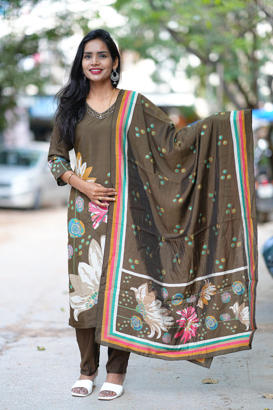 Modal Silk Kakhi Dress with Light Yellow Thread Embroidery