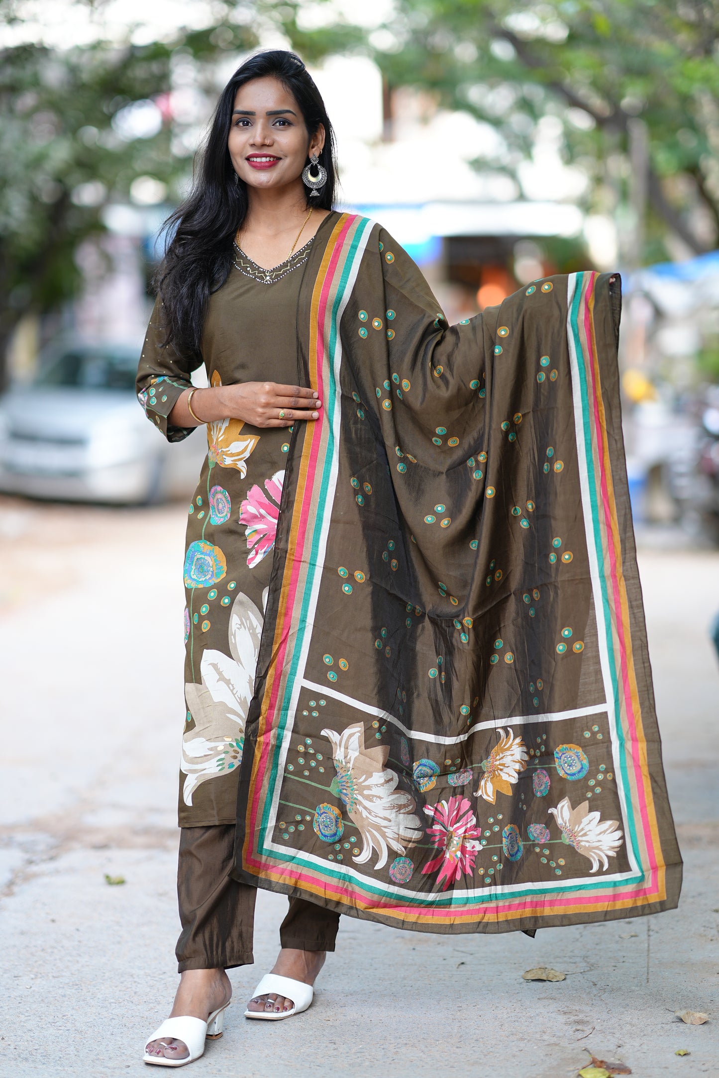Coffee Brown Color Modal Silk 3 Piece Set With Complete Lining
