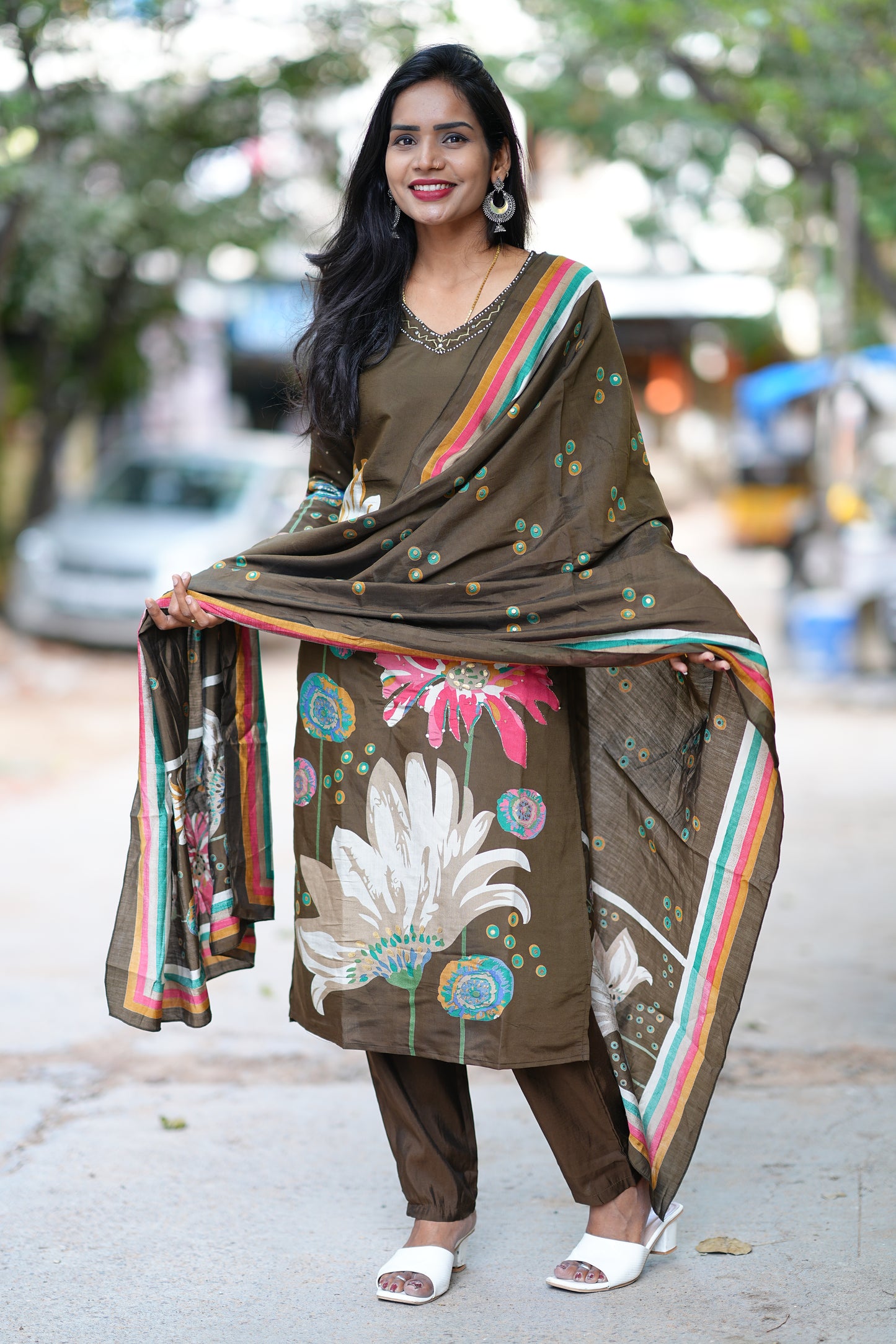 Coffee Brown Color Modal Silk 3 Piece Set With Complete Lining