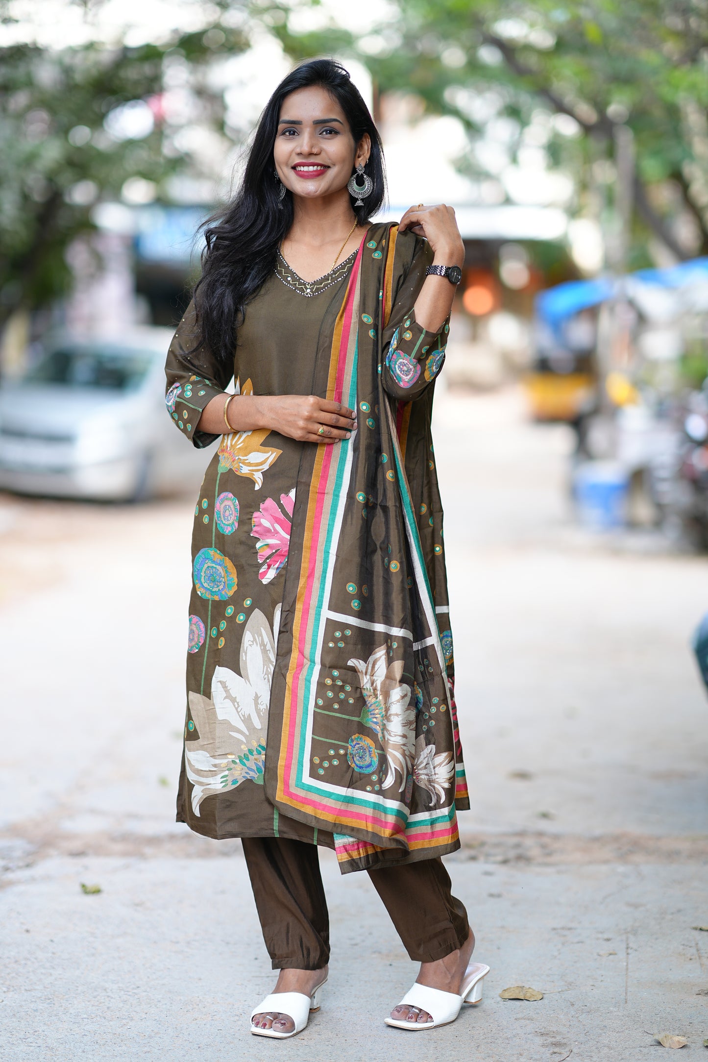 Modal Silk Kakhi Dress with Light Yellow Thread Embroidery