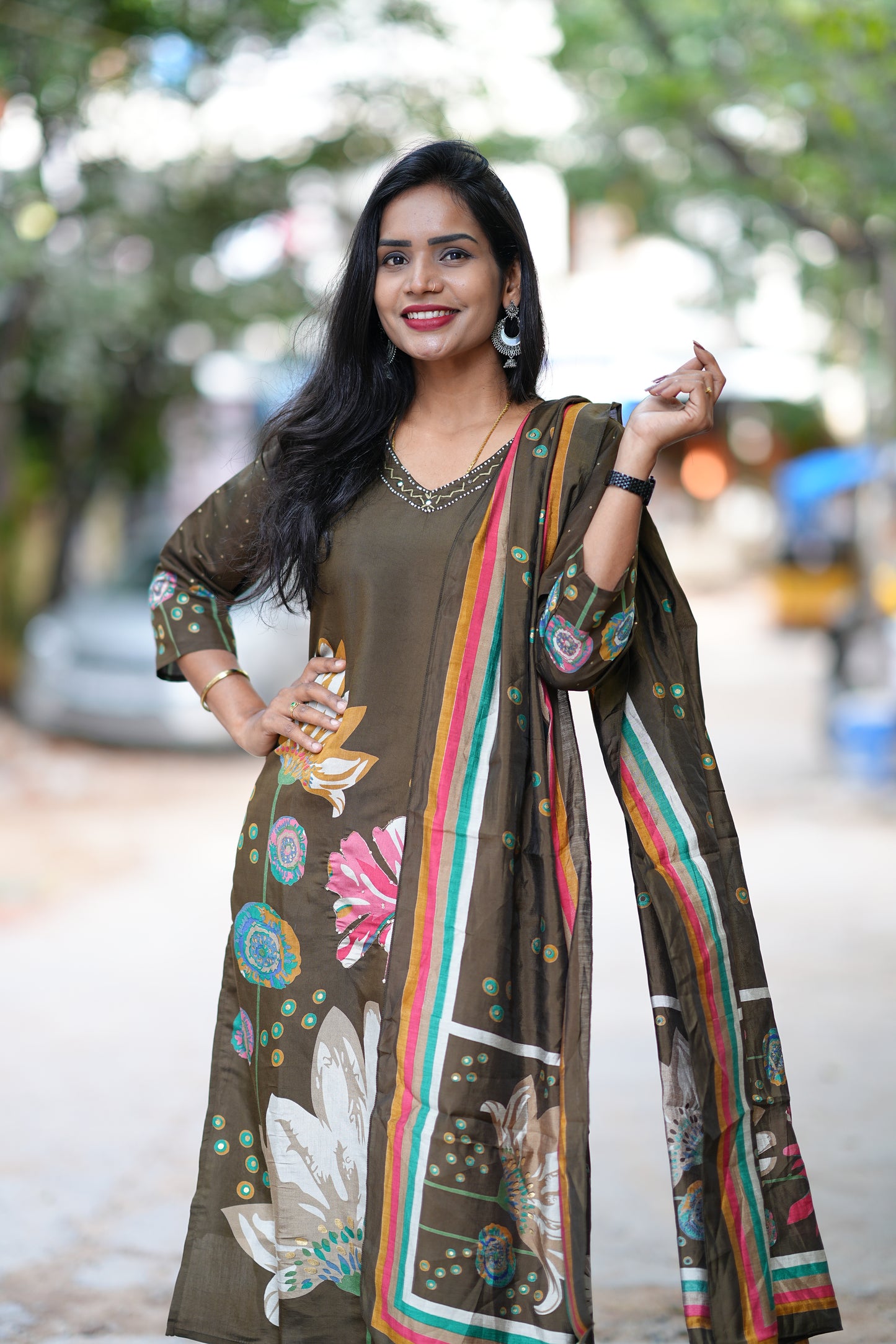 Modal Silk Kakhi Dress with Light Yellow Thread Embroidery