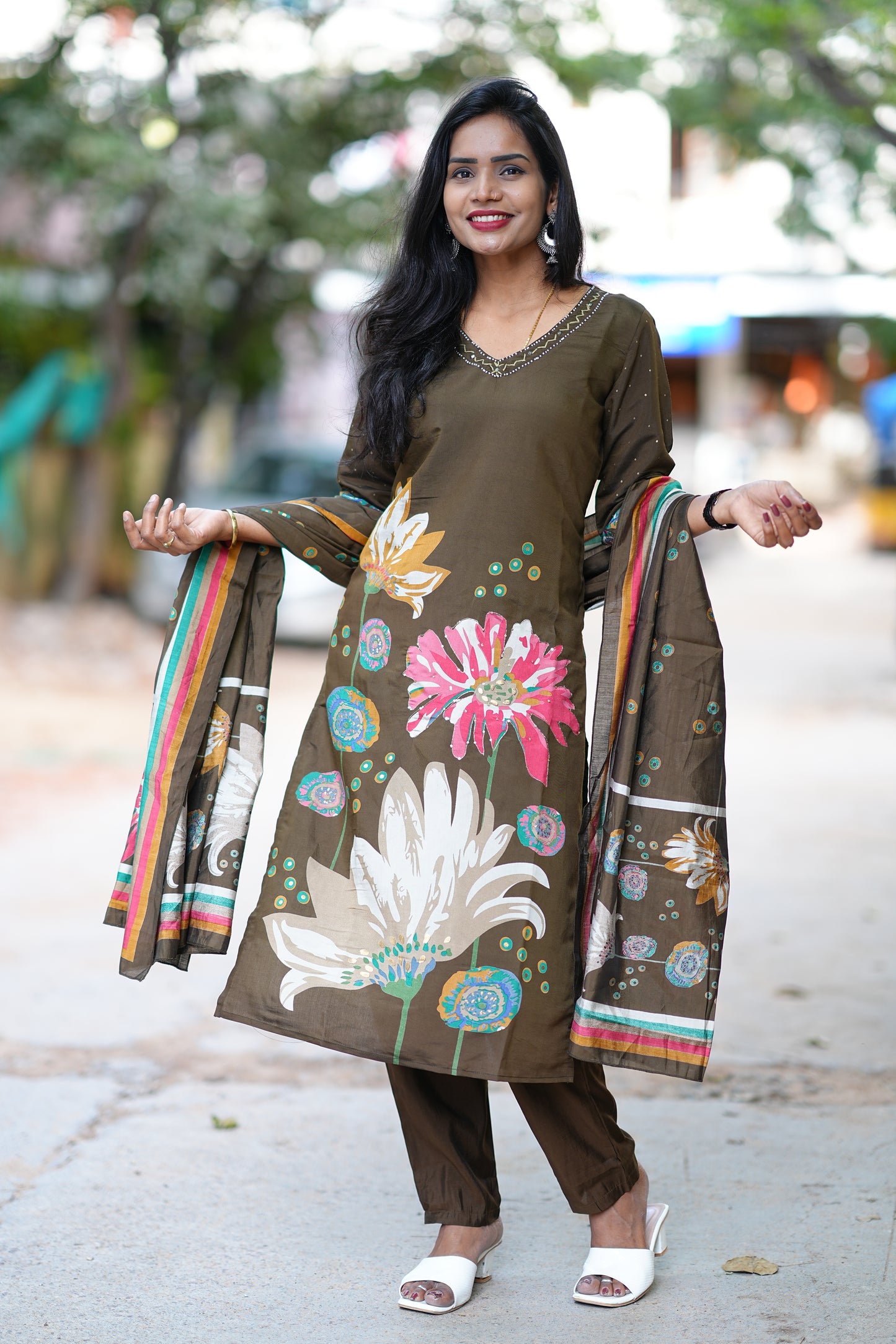 Modal Silk Kakhi Dress with Light Yellow Thread Embroidery