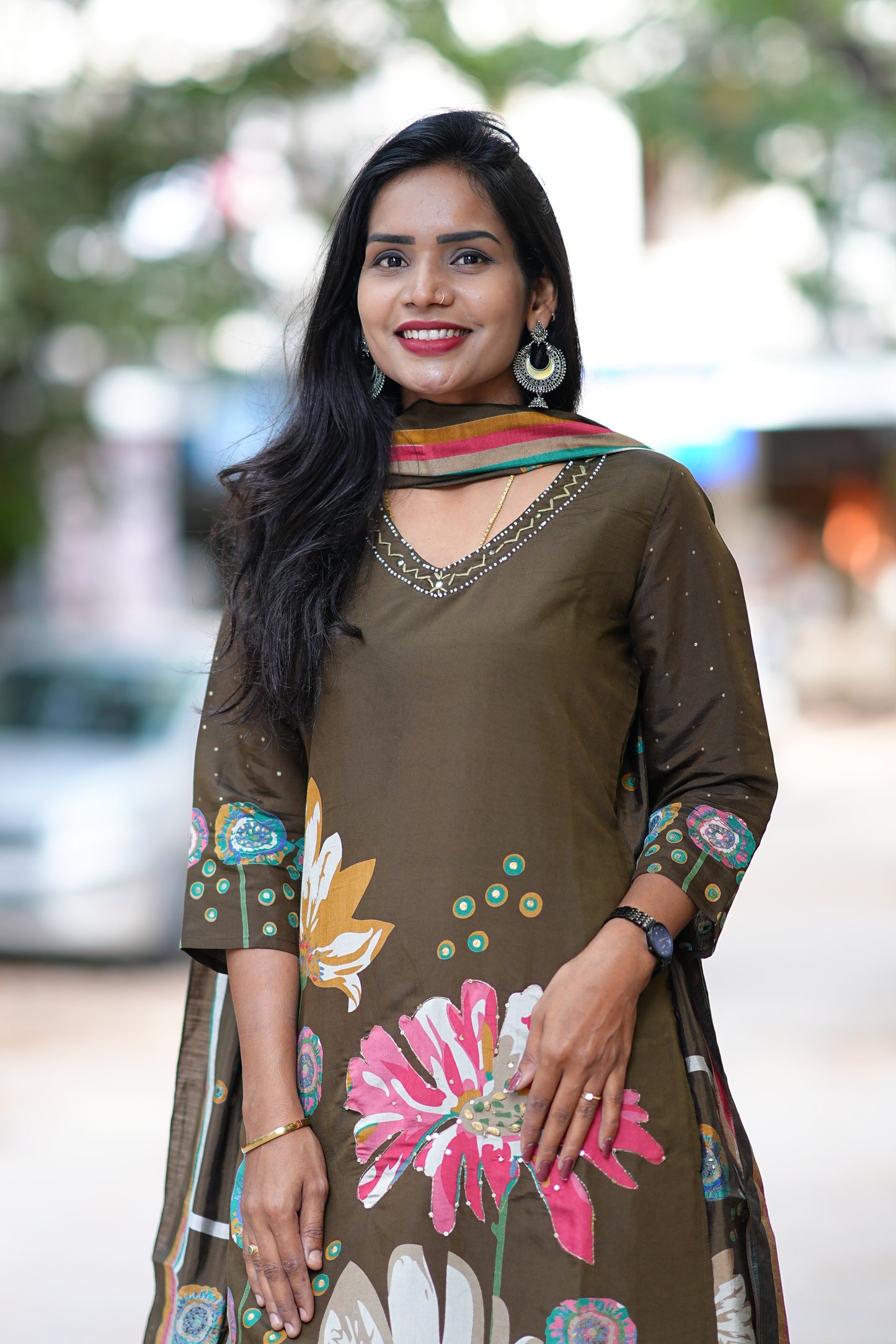 Modal Silk Kakhi Dress with Light Yellow Thread Embroidery