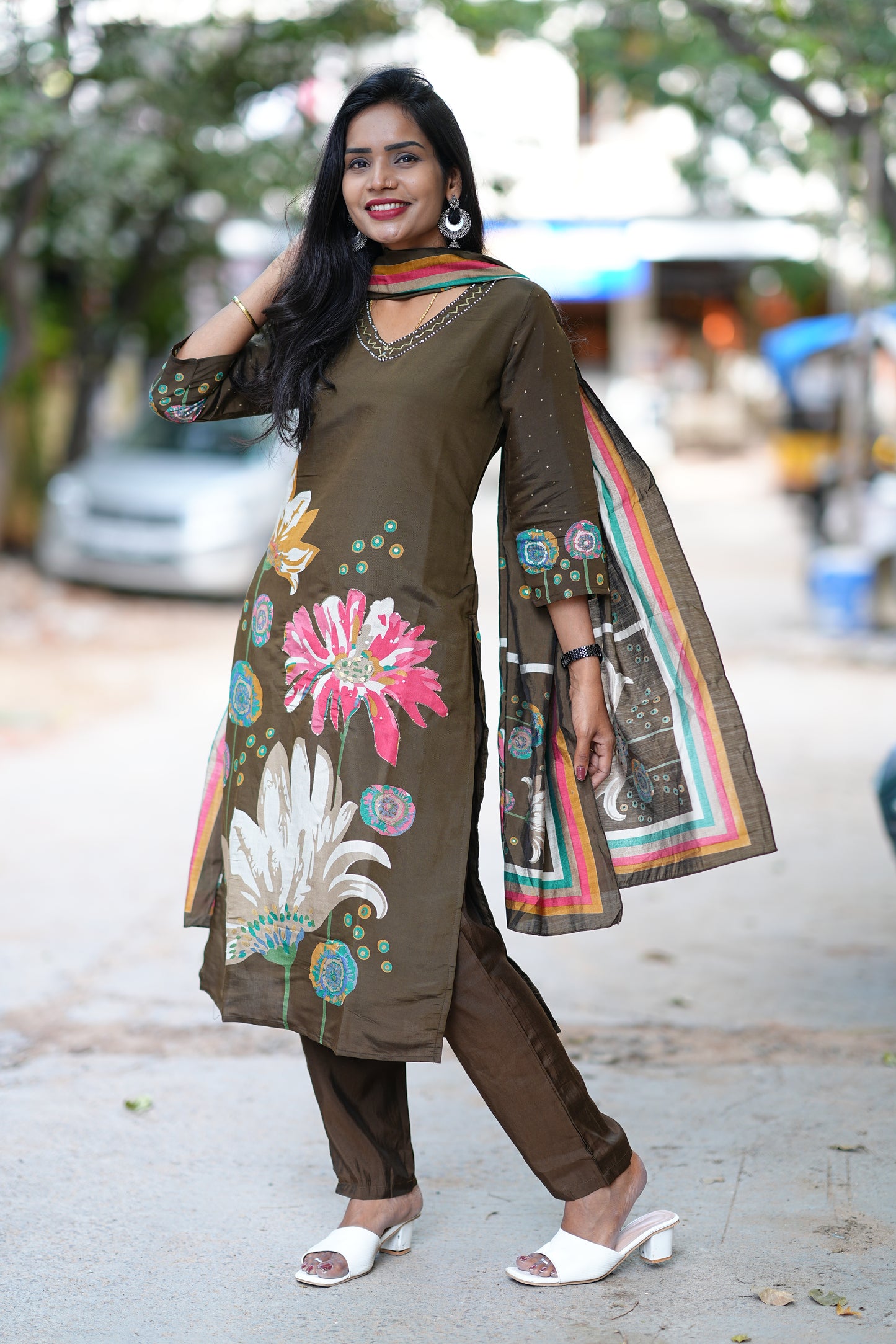 Modal Silk Kakhi Dress with Light Yellow Thread Embroidery