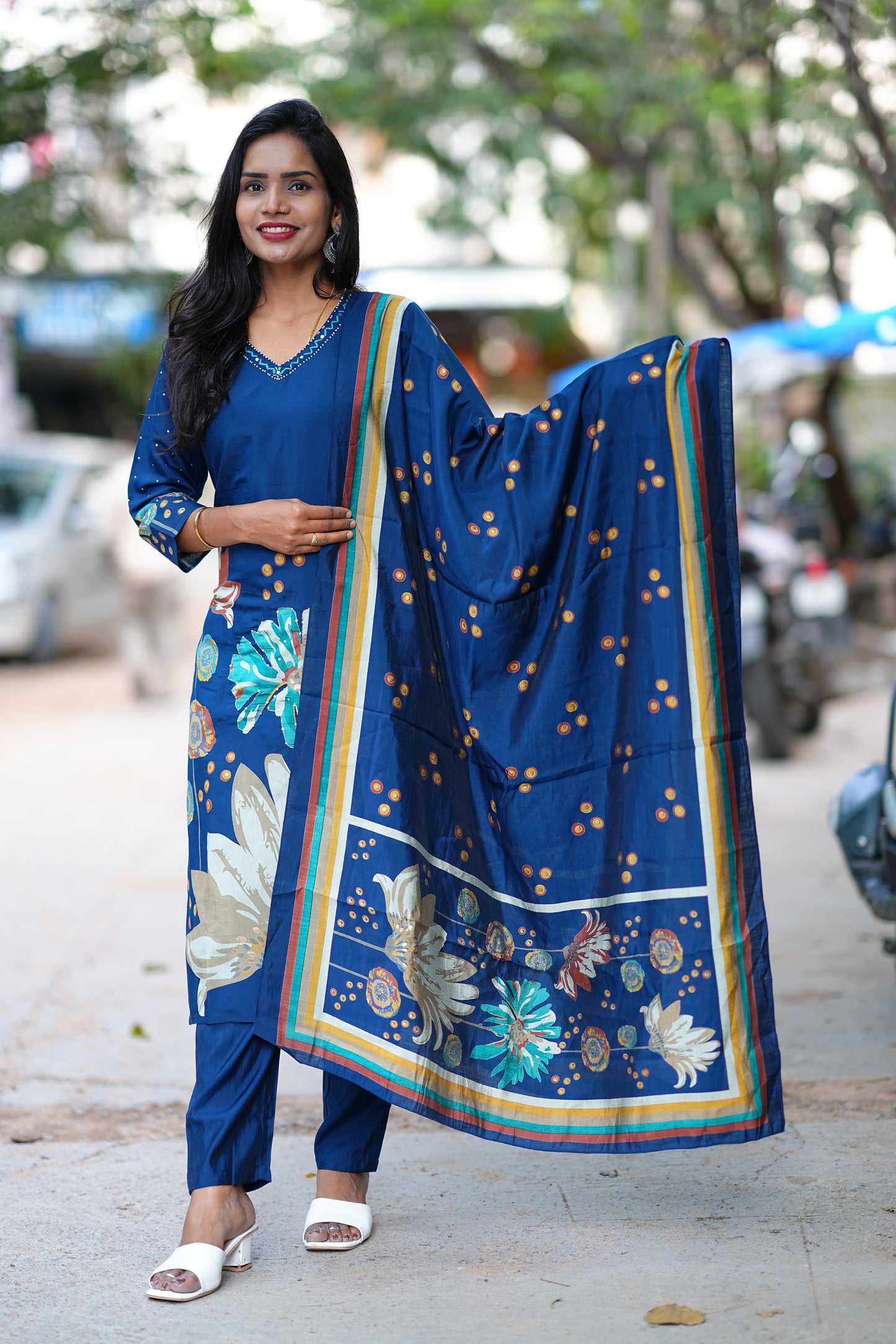 Modal Silk Navy Blue Dress with Light Green Embroidery