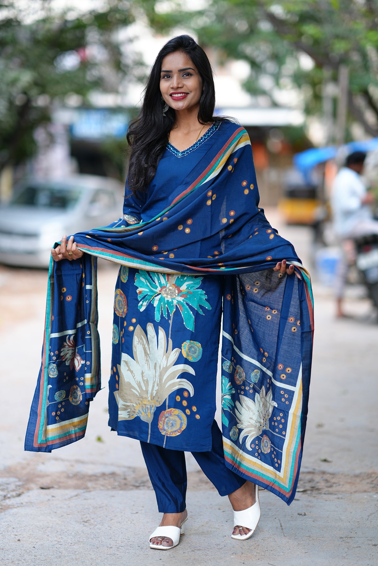 Modal Silk Navy Blue Dress with Light Green Embroidery