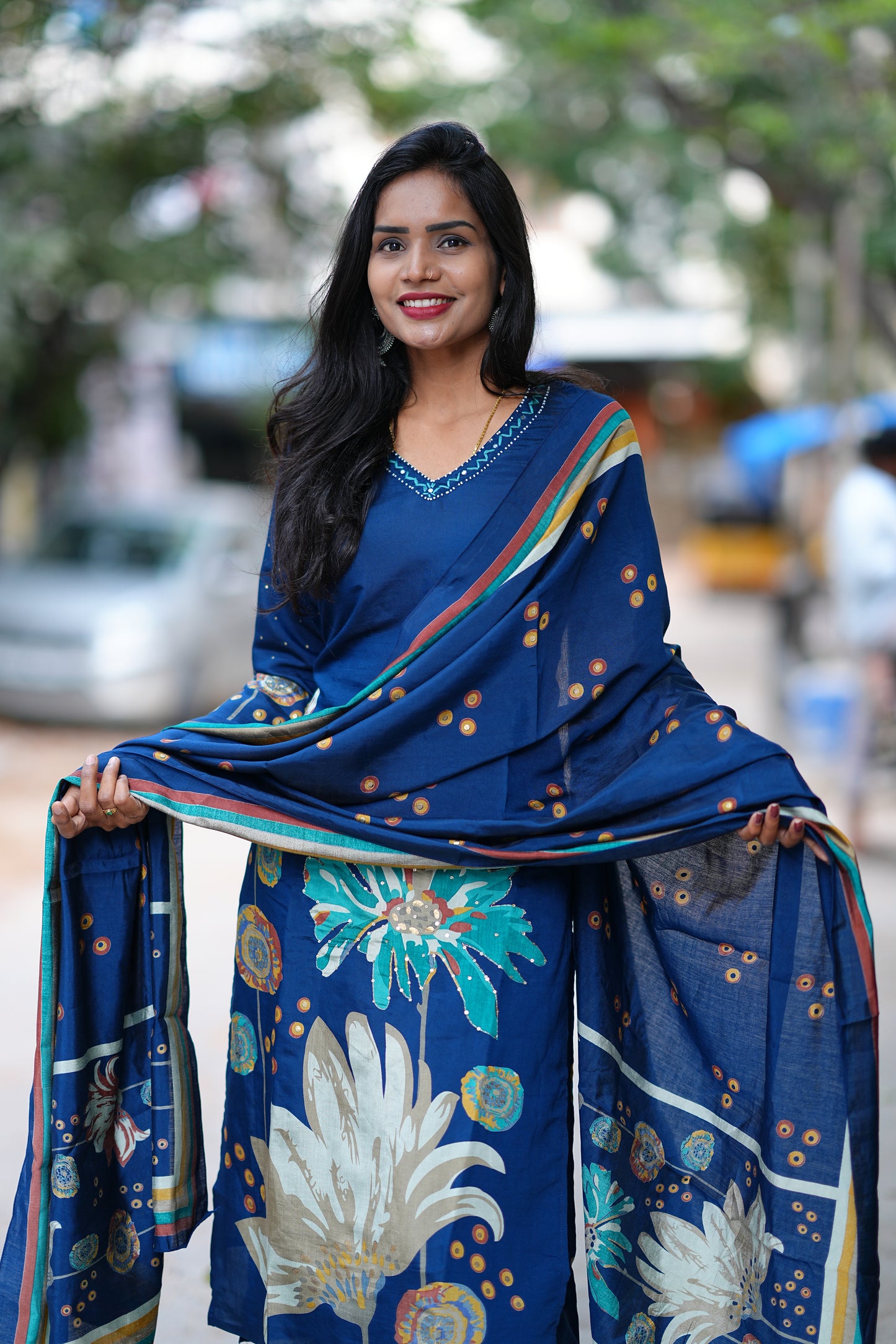 Royal Blue Color Modal Silk 3 Piece Set With Complete Lining