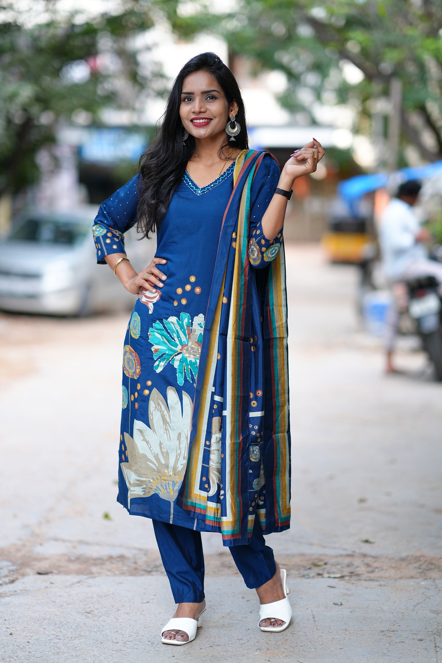 Modal Silk Navy Blue Dress with Light Green Embroidery