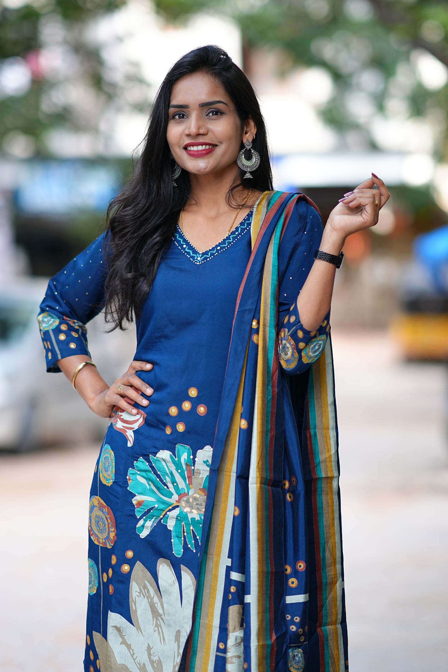 Modal Silk Navy Blue Dress with Light Green Embroidery