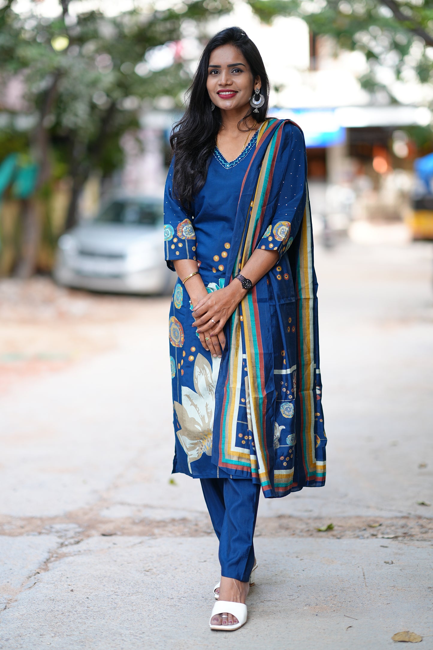 Modal Silk Navy Blue Dress with Light Green Embroidery