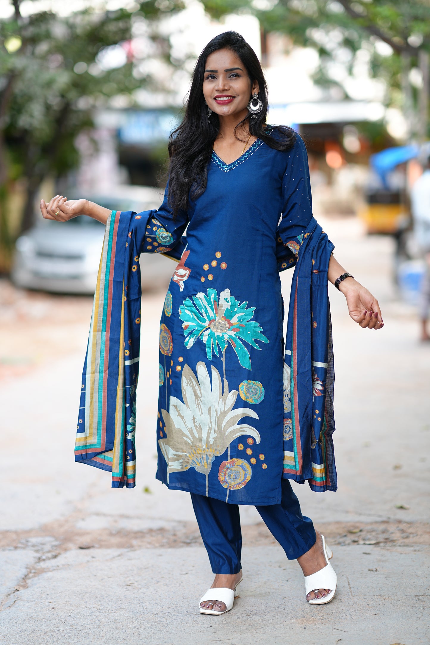 Modal Silk Navy Blue Dress with Light Green Embroidery