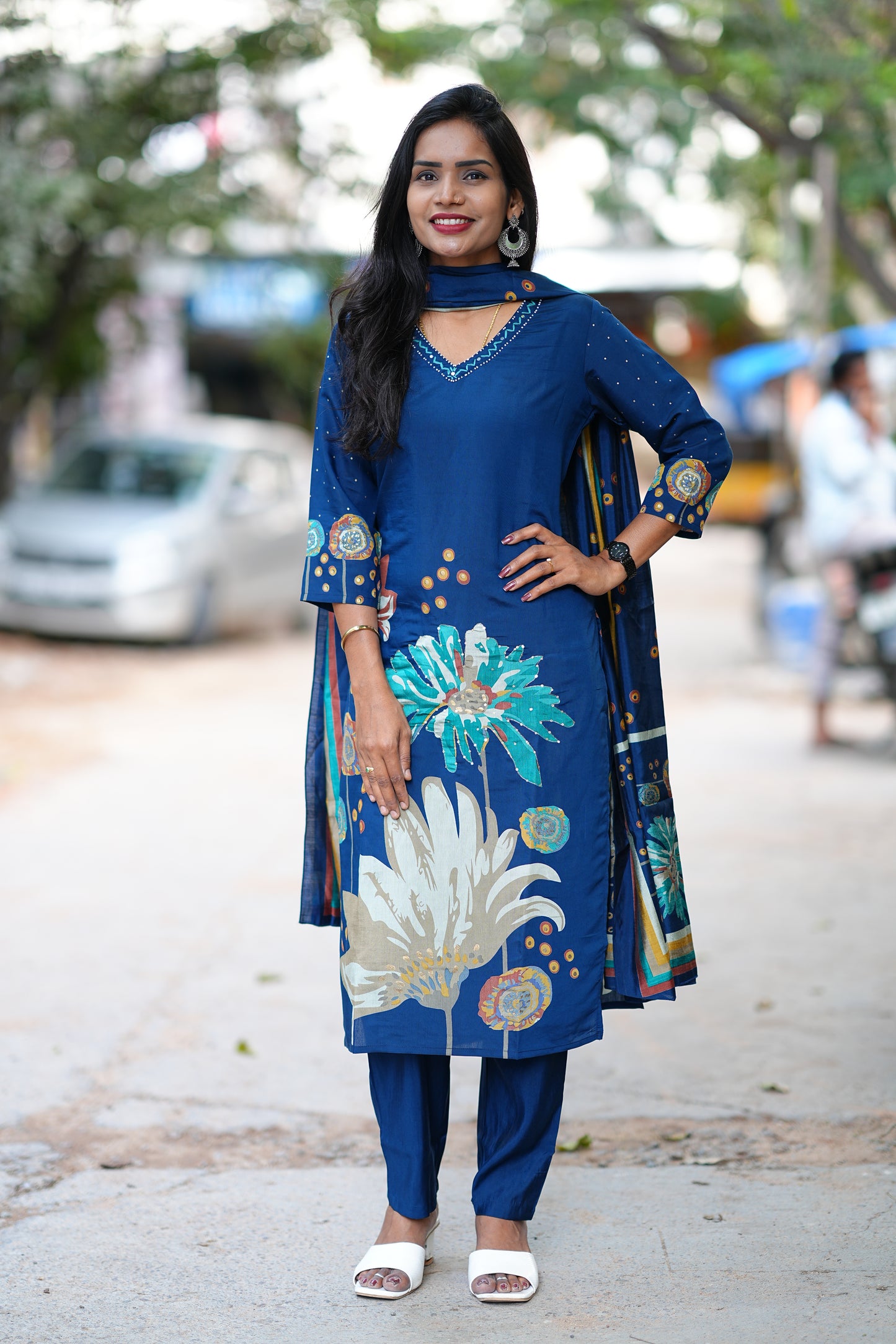 Royal Blue Color Modal Silk 3 Piece Set With Complete Lining