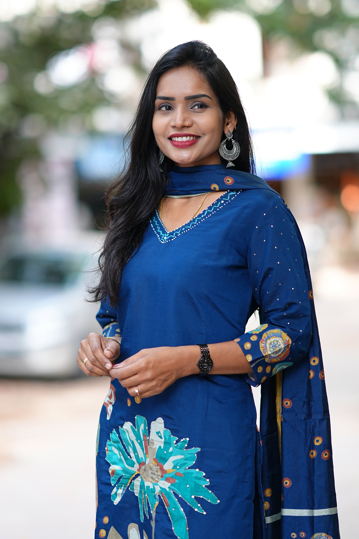 Modal Silk Navy Blue Dress with Light Green Embroidery