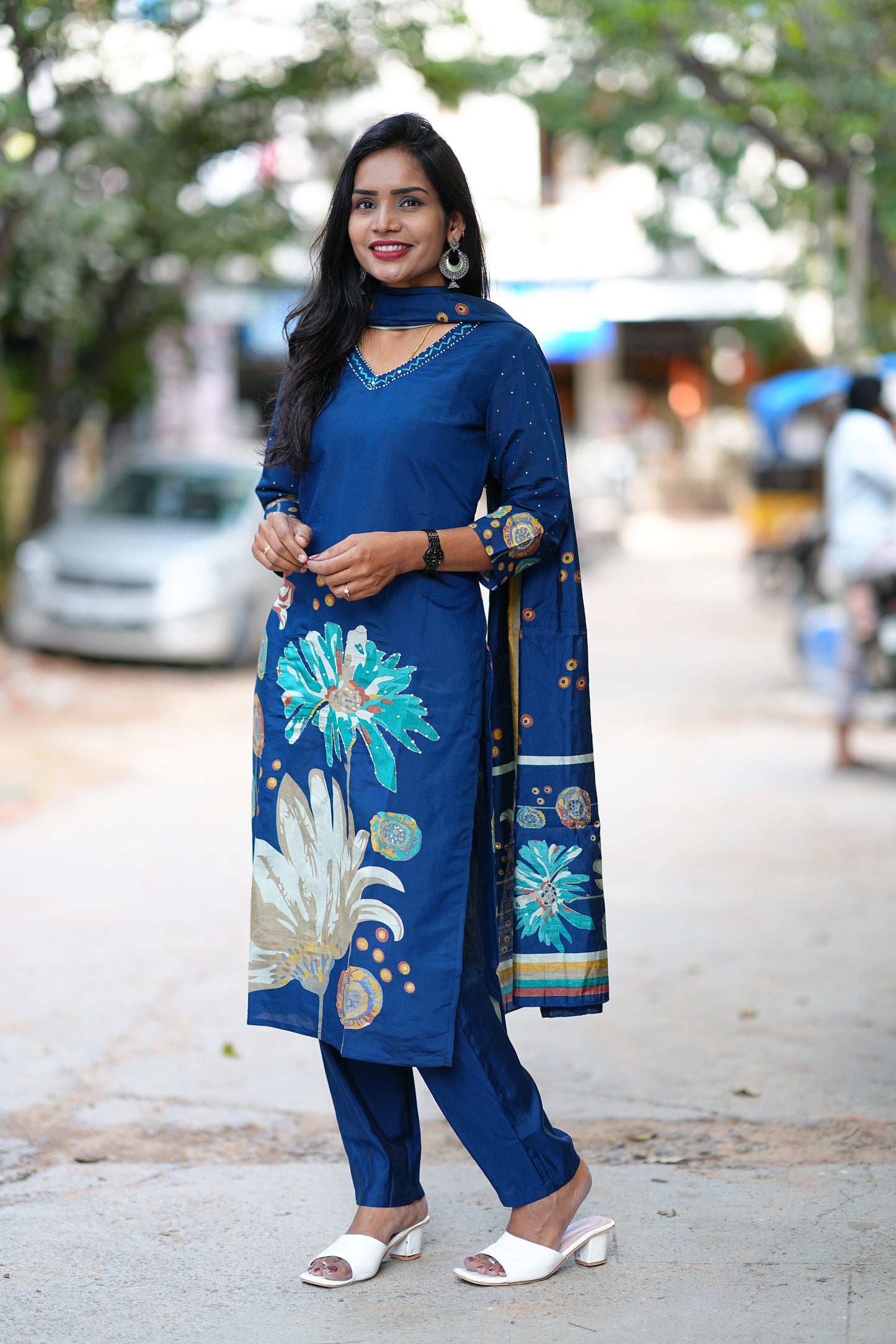 Royal Blue Color Modal Silk 3 Piece Set With Complete Lining