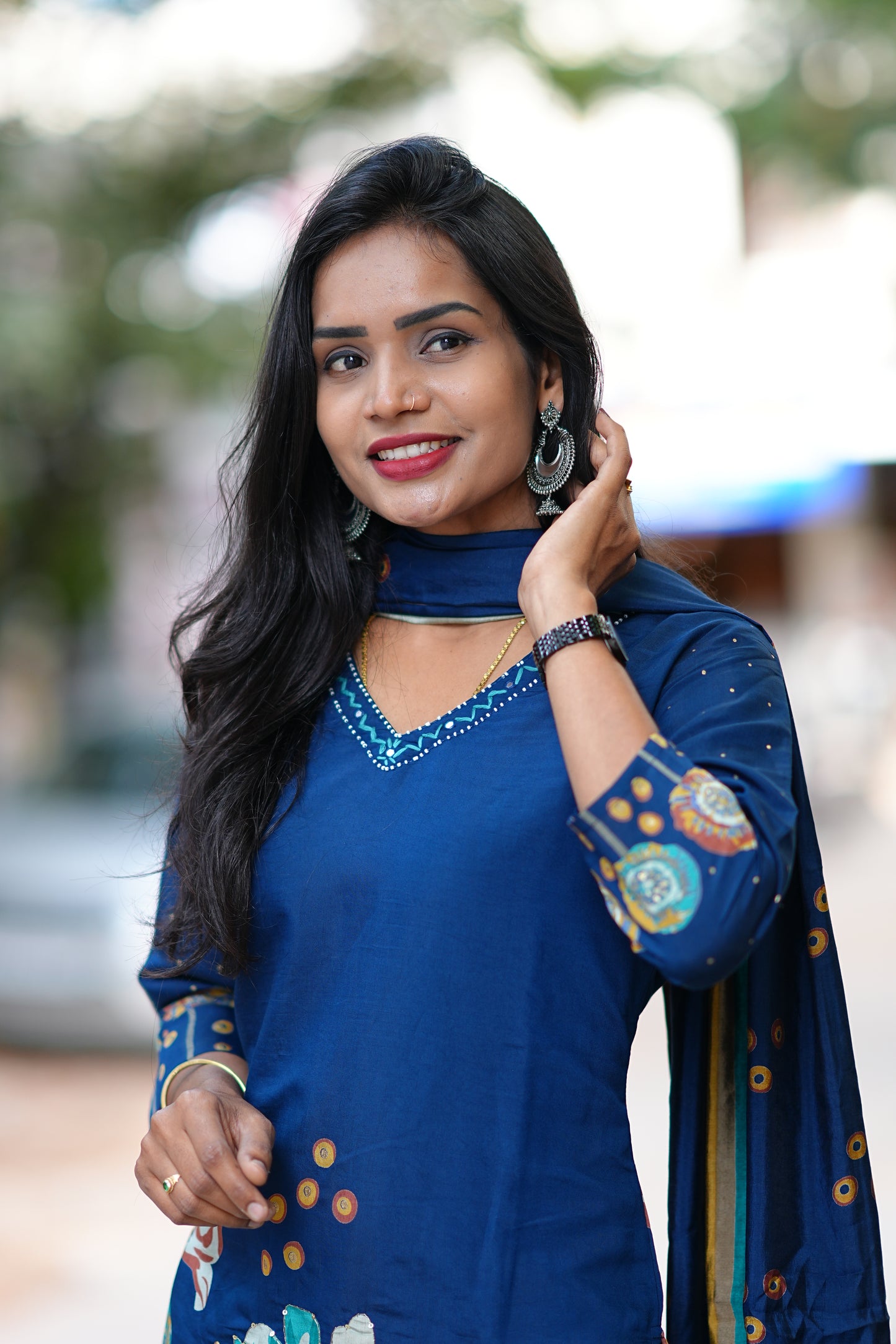 Modal Silk Navy Blue Dress with Light Green Embroidery