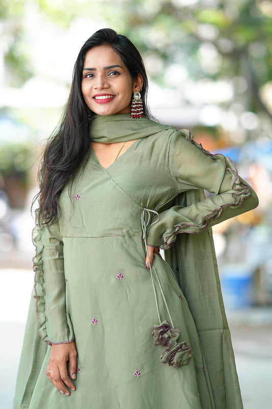 Olive Green Colour Boutique Style Mul Chanderi Designer 3 Piece Set