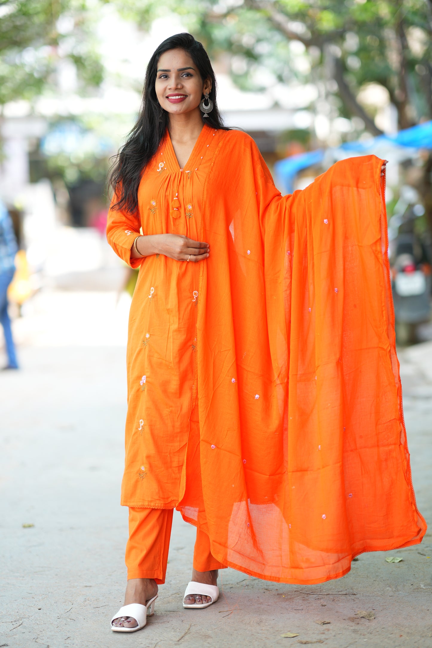 Designer Wear Orange Color Mul Cotton 3 Piece Set With Complete Lining