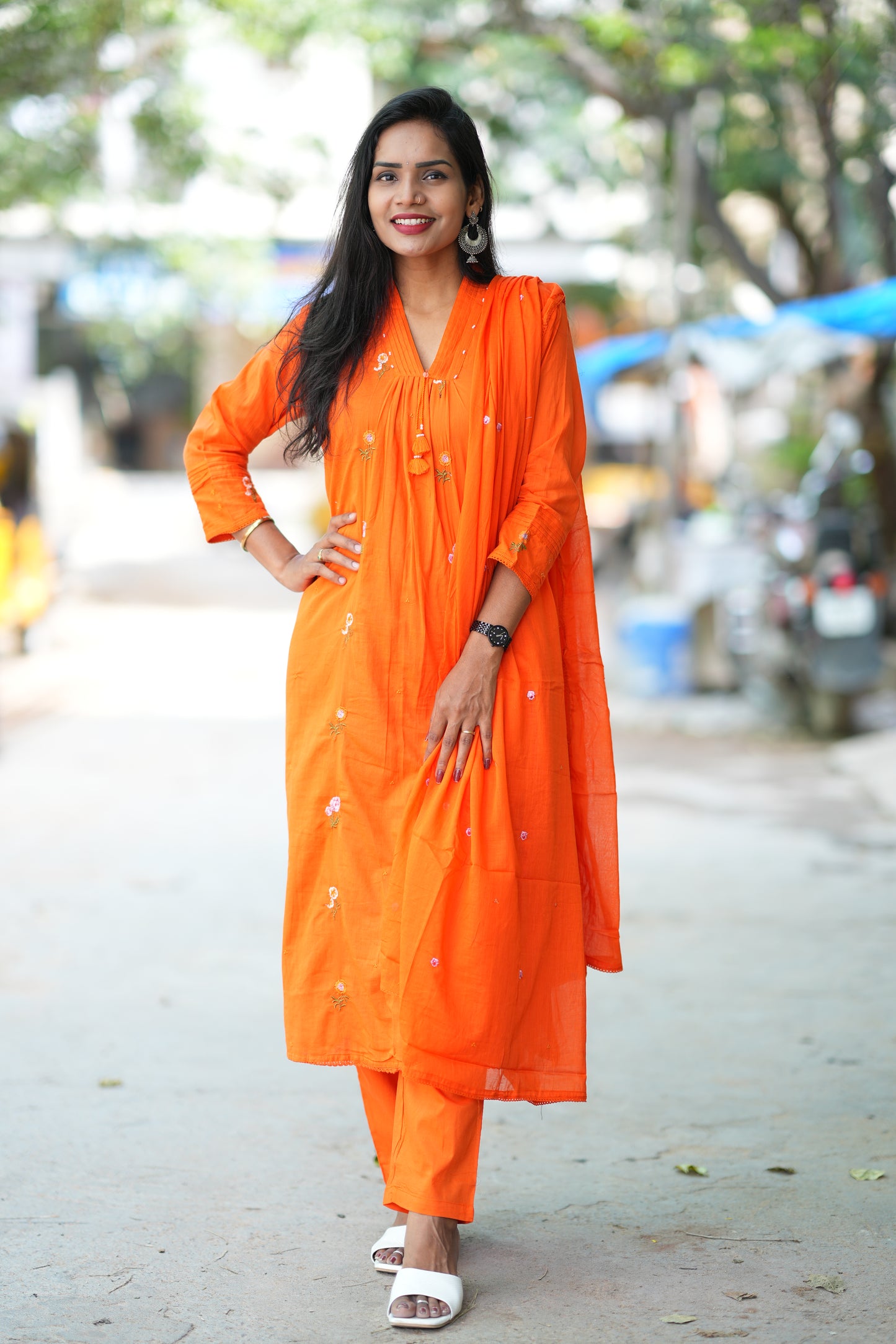 Designer Wear Orange Color Mul Cotton 3 Piece Set With Complete Lining
