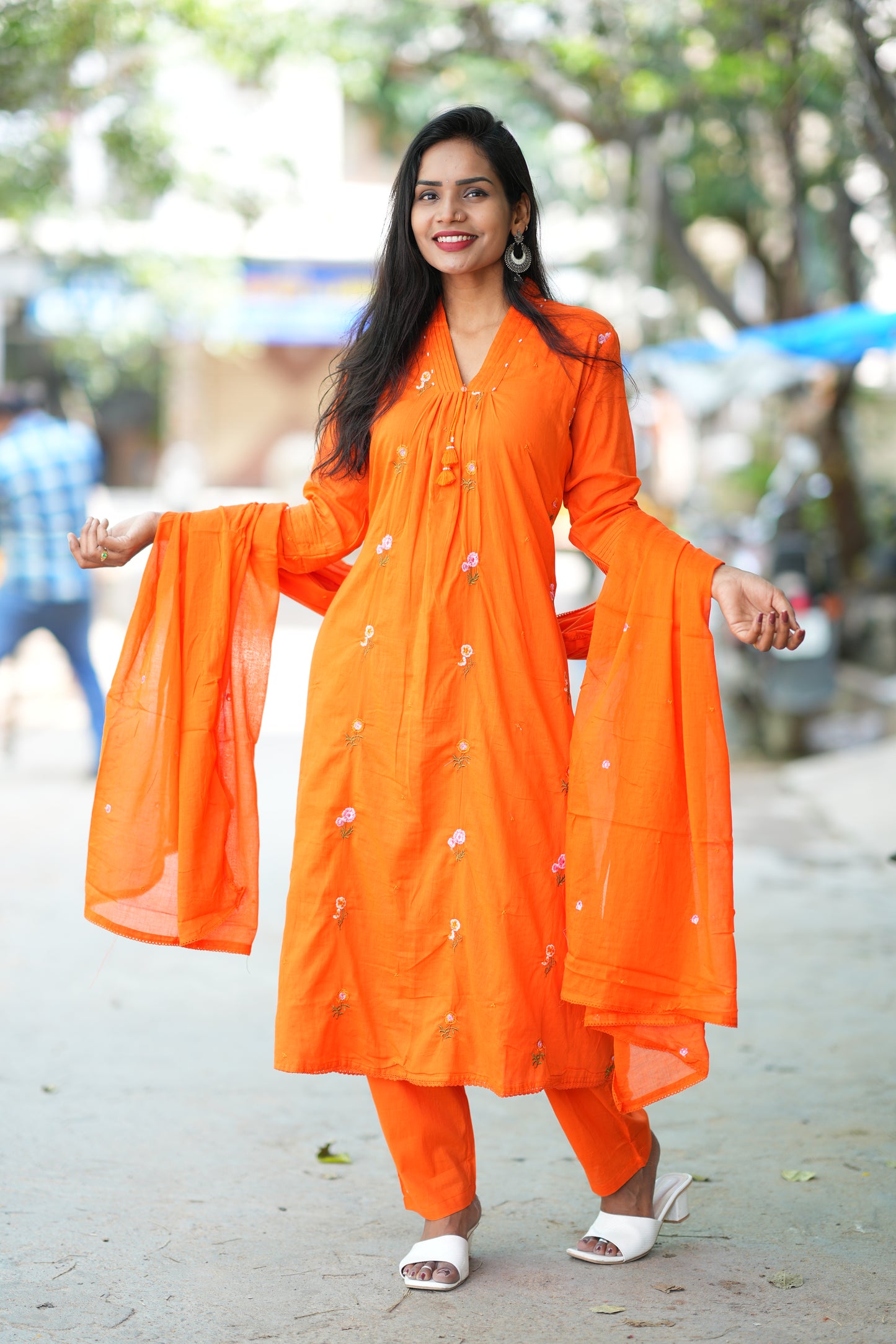 Designer Wear Orange Color Mul Cotton 3 Piece Set With Complete Lining