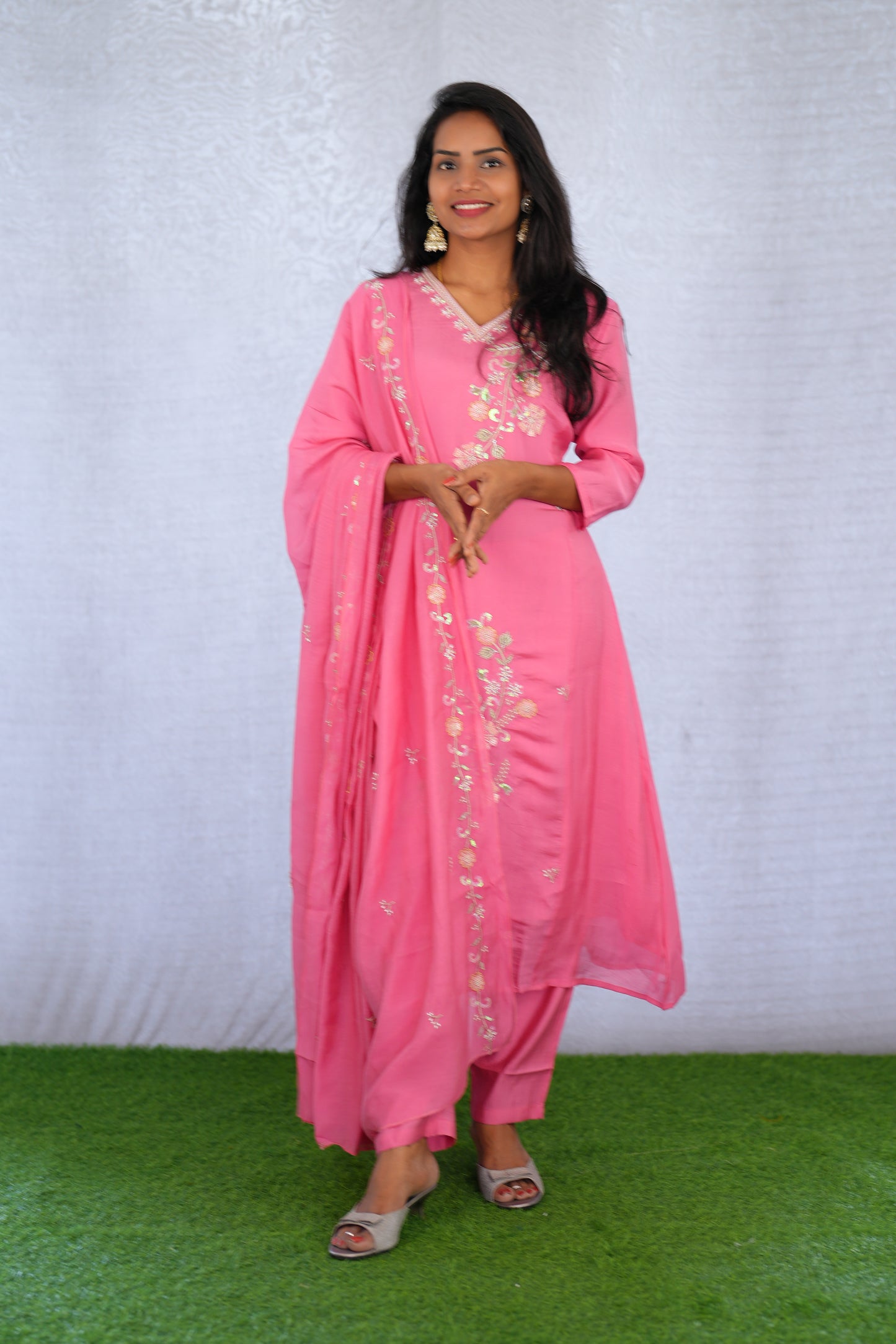 Pink Color Mul chanderi Party Wear 3 Piece set With Complete Lining