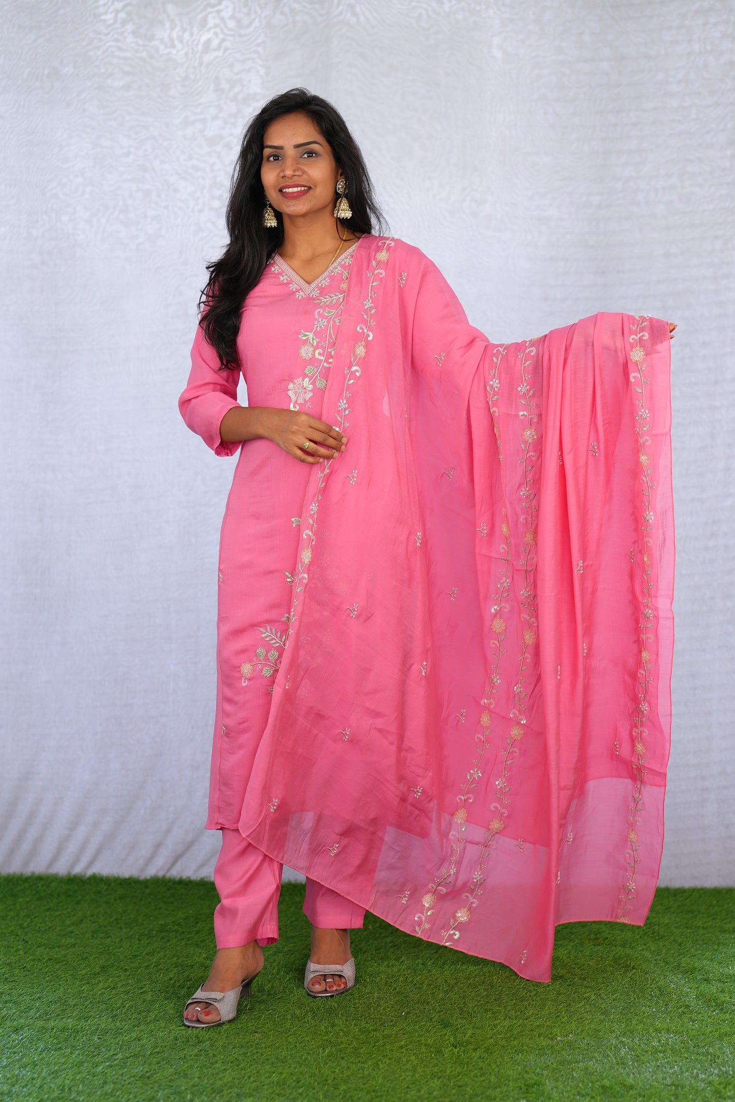 Pink Color Mul chanderi Party Wear 3 Piece set With Complete Lining