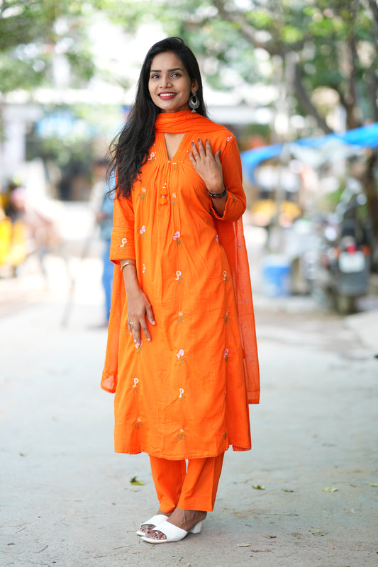 Designer Wear Orange Color Mul Cotton 3 Piece Set With Complete Lining