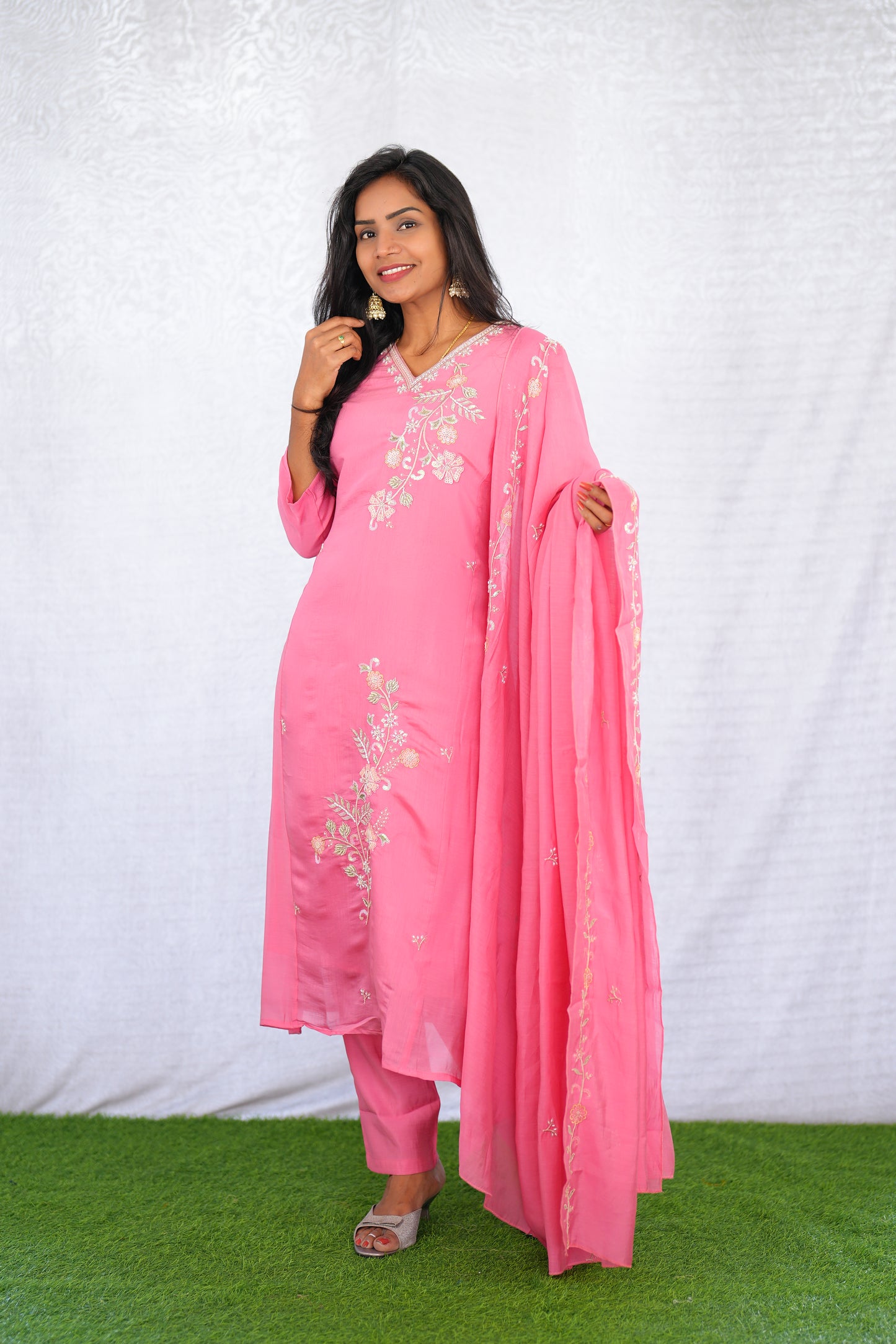 Pink Color Mul chanderi Party Wear 3 Piece set With Complete Lining