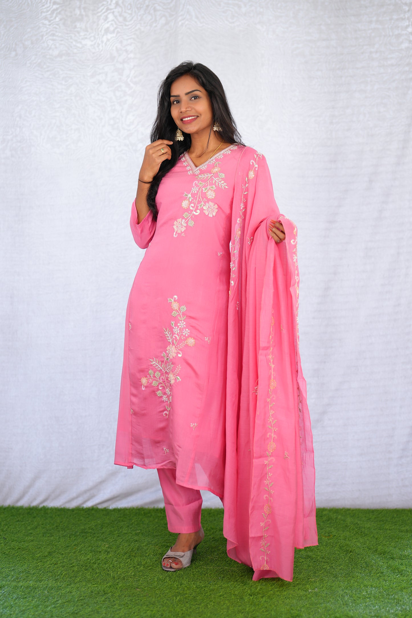 Pink Color Mul chanderi Party Wear 3 Piece set With Complete Lining